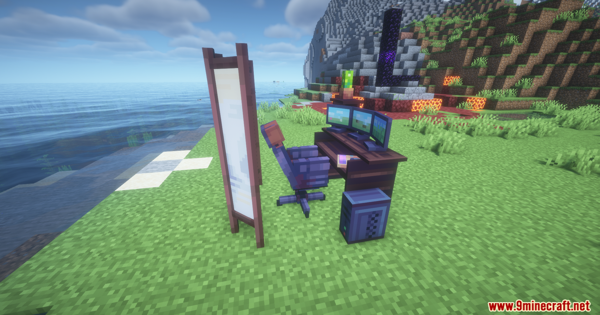 Spice of Life Maid Mod Screenshot 7 A computer desk with three monitors and a gaming chair in a field