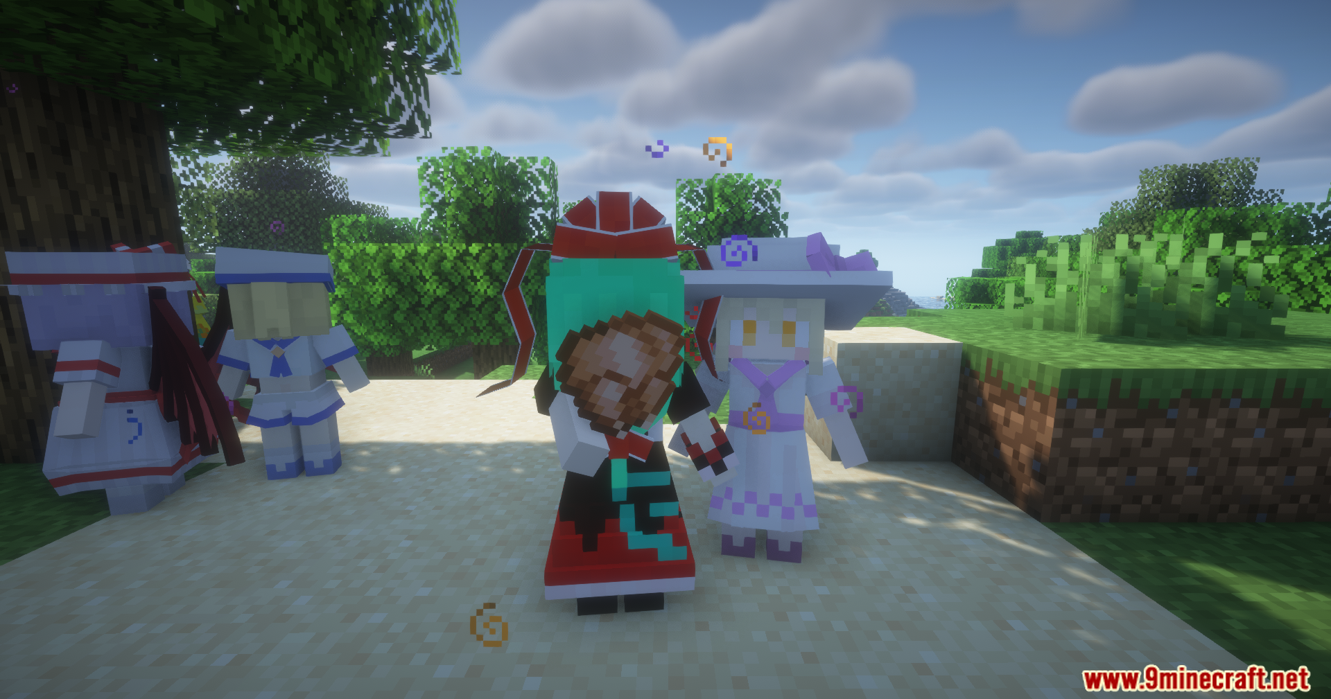 Spice of Life Maids' Dream Mod Screenshot 11 Minecraft maid characters standing outside with one holding a piece of cooked meat