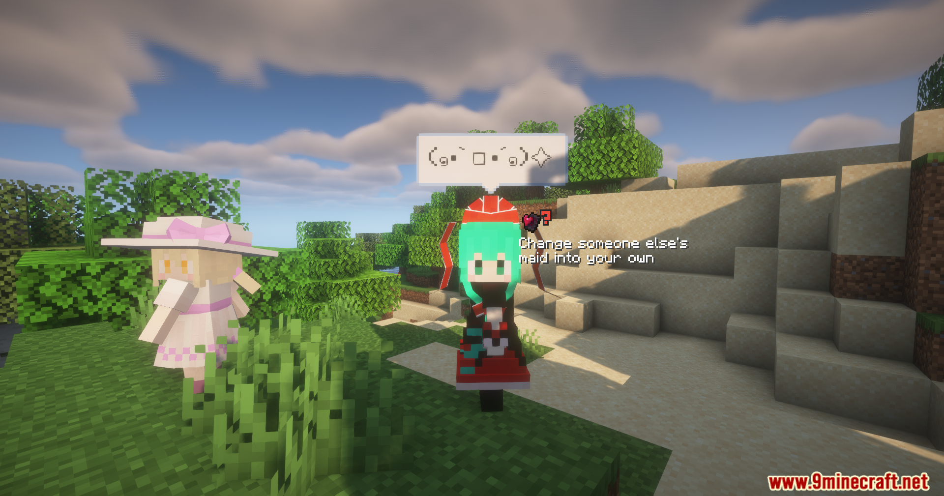 Spice of Life Maids' Dream Mod Screenshot 3 Anime maid character with a speech bubble standing in a grassy area