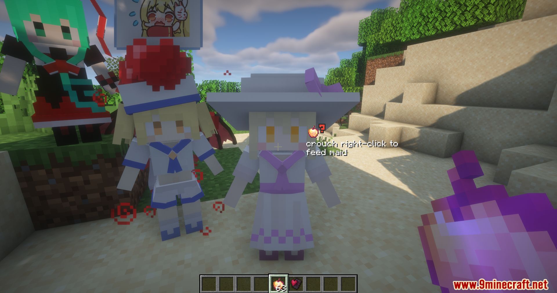 Spice of Life Maids' Dream Mod Screenshot 4 Player holding an apple with a prompt to feed the maid character