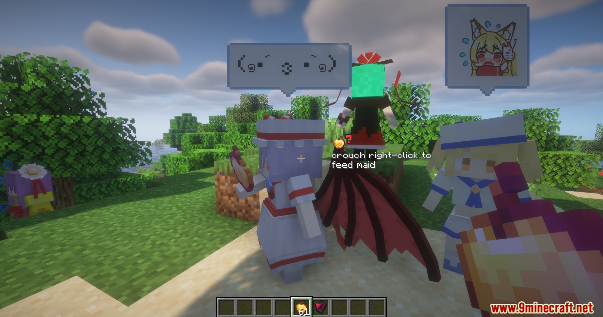 Spice of Life Maids' Dream Mod Screenshot 5 Player holding a golden apple preparing to feed a maid character