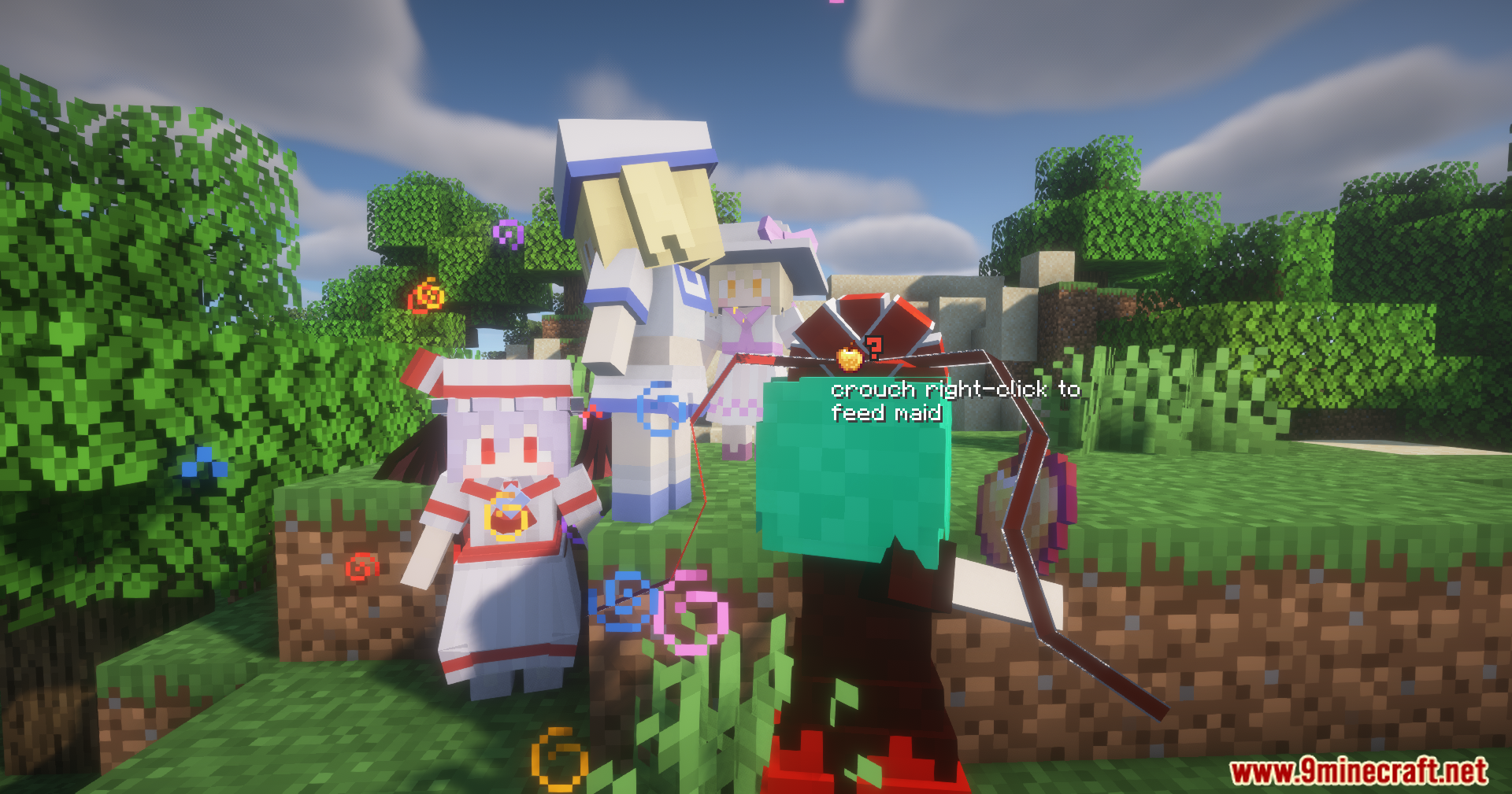 Spice of Life Maids' Dream Mod Screenshot 8 Player crouching to directly feed a little maid character with food