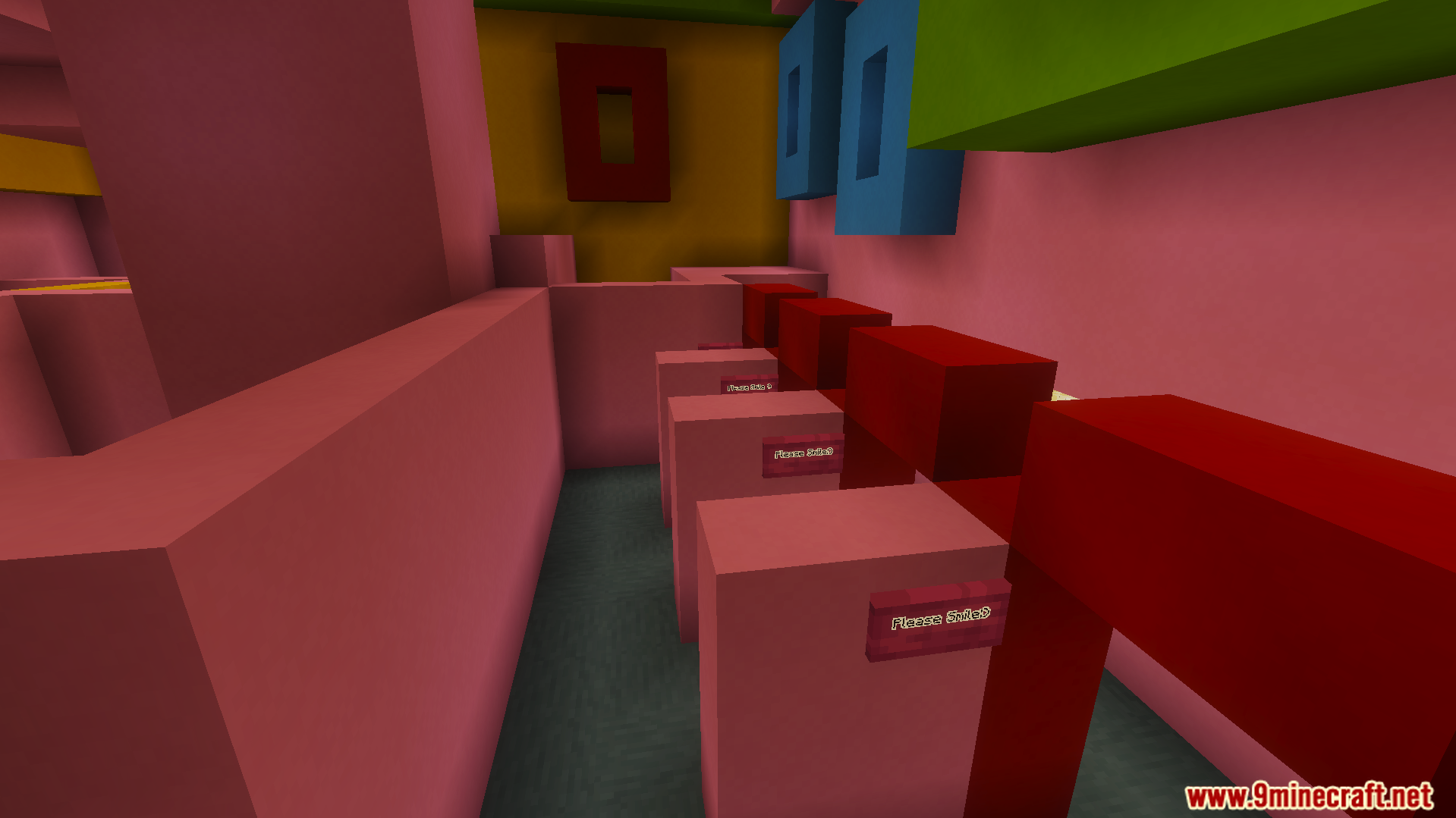 Squid Game Map Screenshot 3 Pink blocks with signs in a colorful maze room