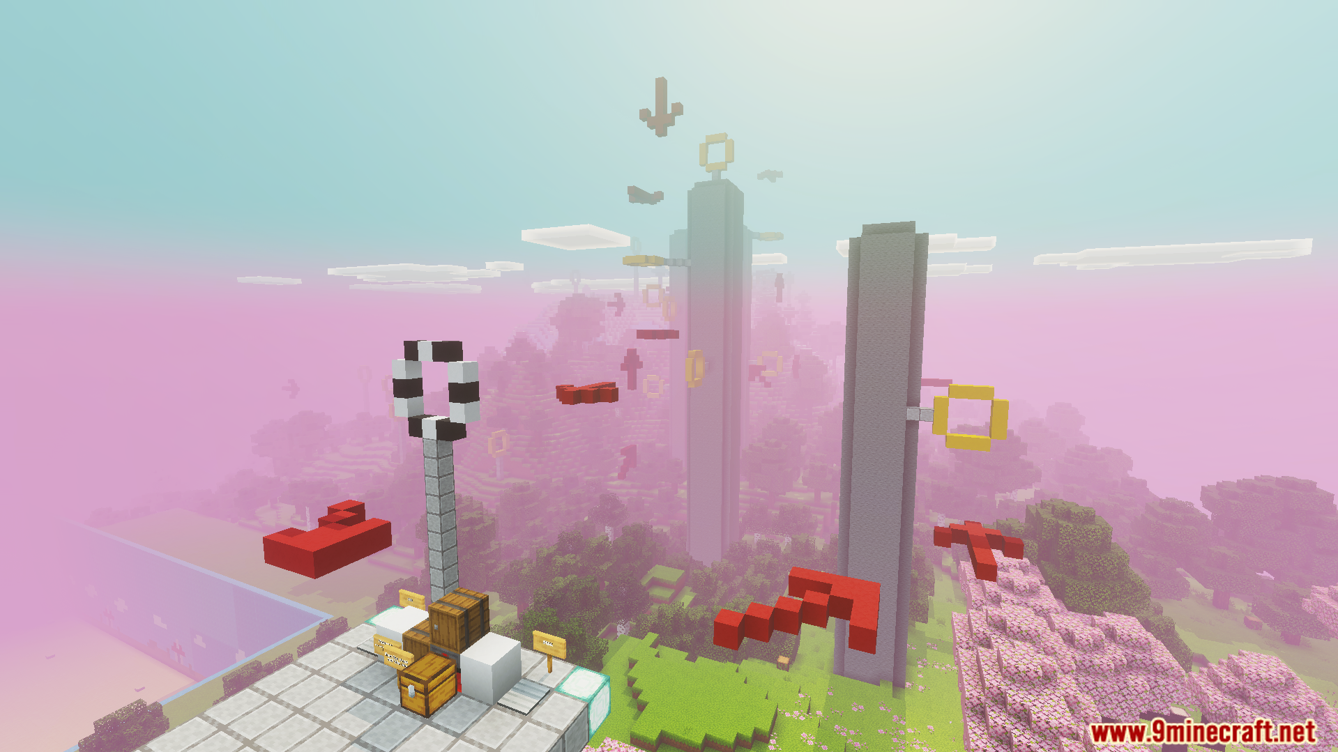 Squid Game Map Screenshot 7 Người chơi đứng trên bục cao nhìn xuống các chướng ngại vật lơ lửng