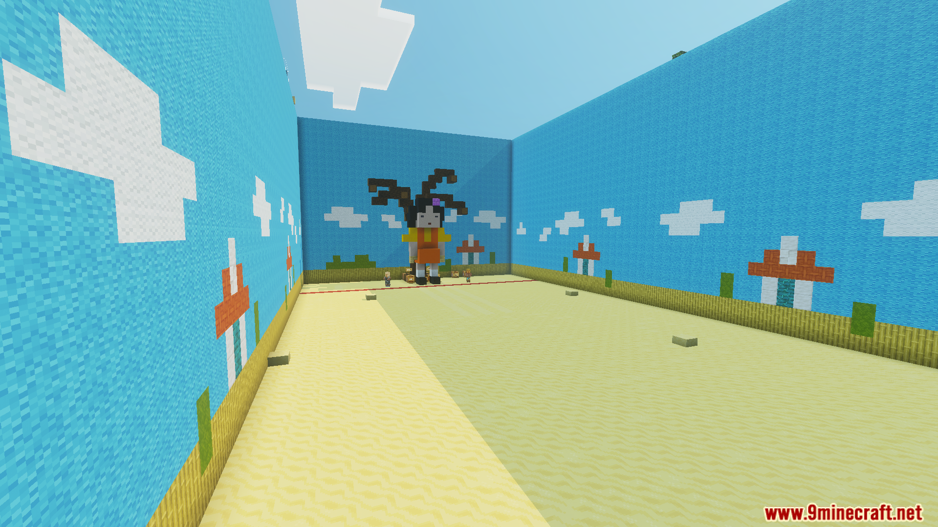 Squid Game Map Screenshot 8 Sân chơi rộng lớn với bức tường vẽ cảnh bầu trời và búp bê khổng lồ