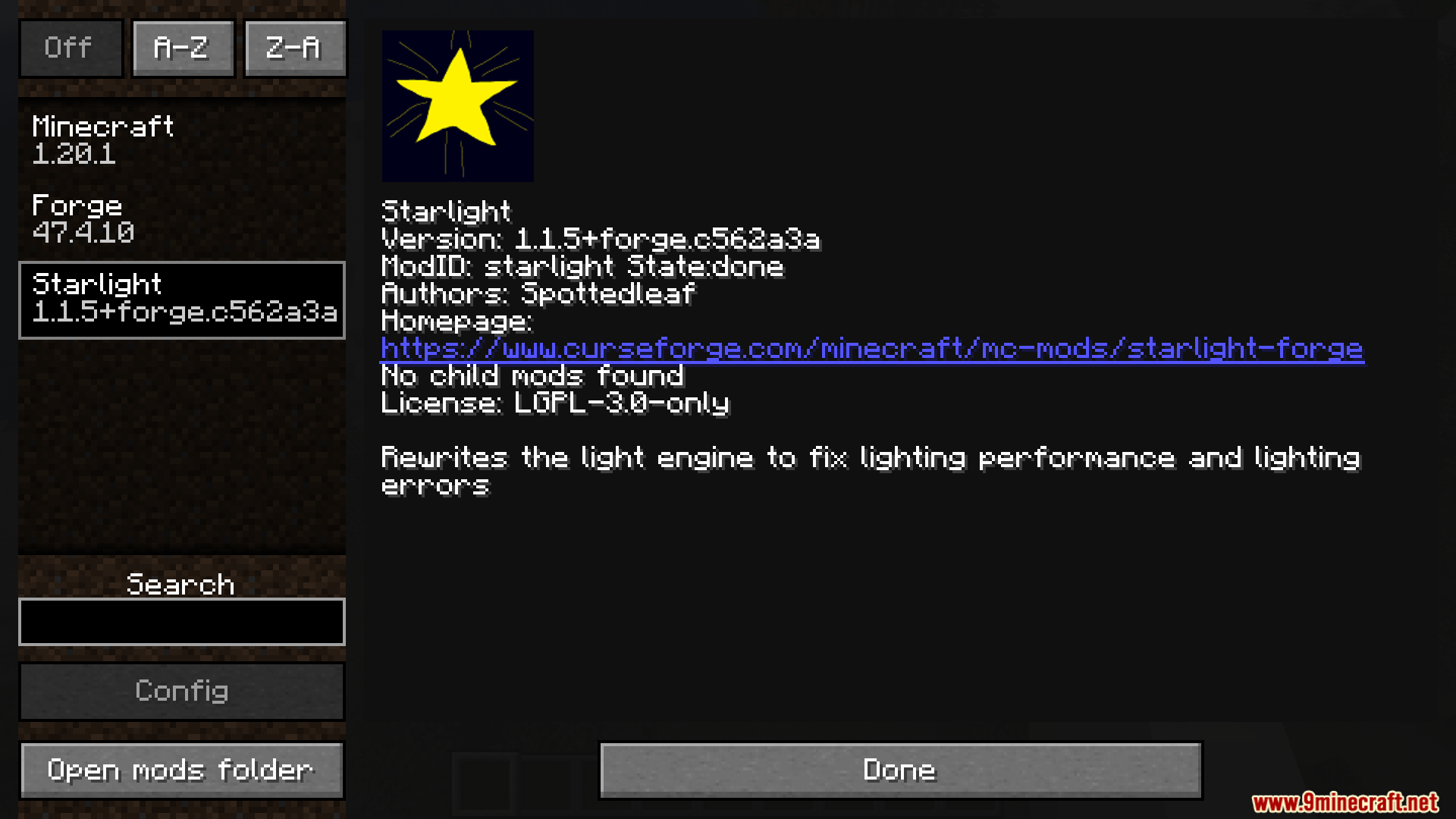 Starlight with Create Fix Mod Screenshot 1 Starlight mod information screen showing its features and details