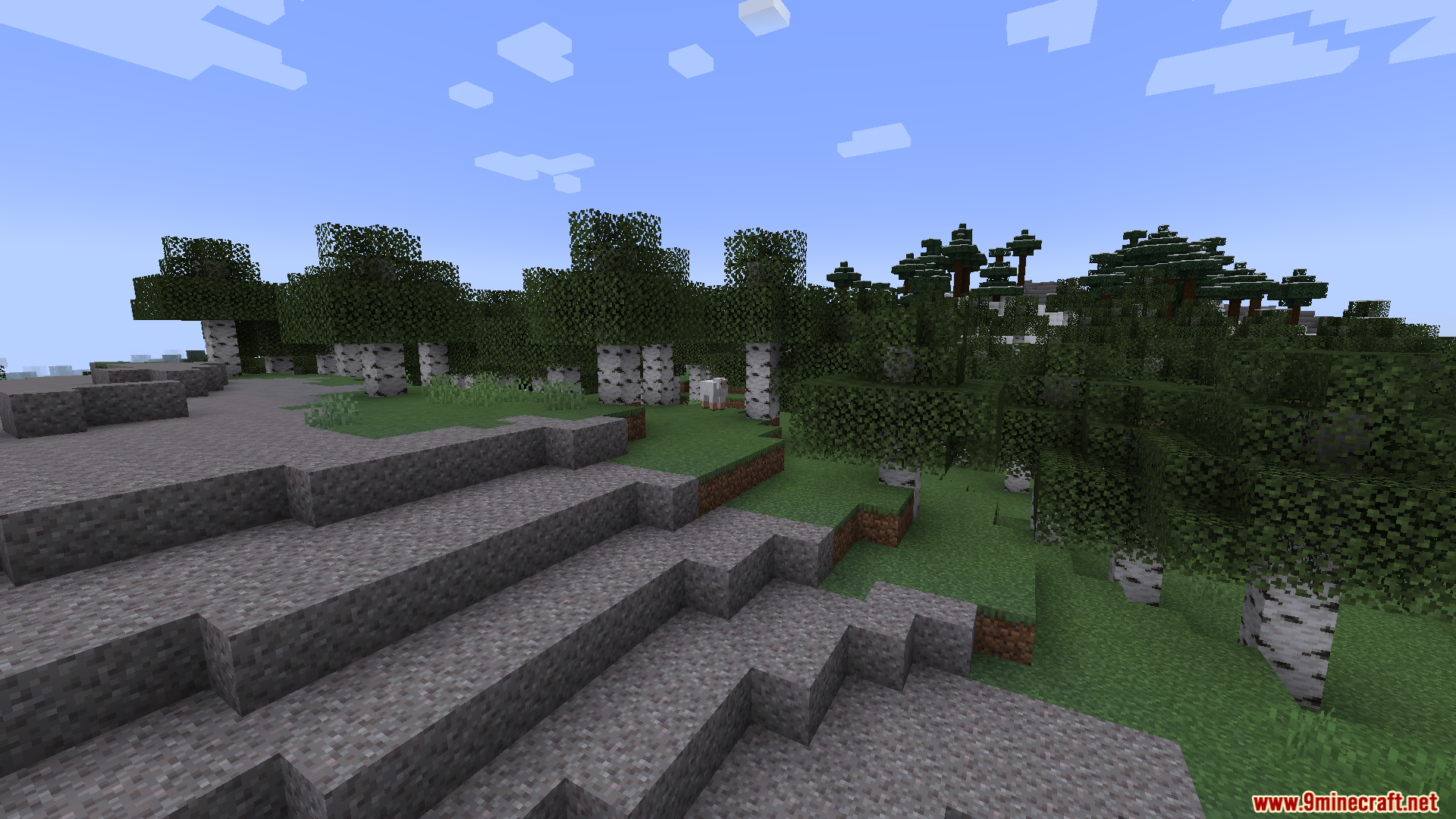 Starlight with Create Fix Mod Screenshot 2 A Minecraft landscape with birch trees and a rocky hill