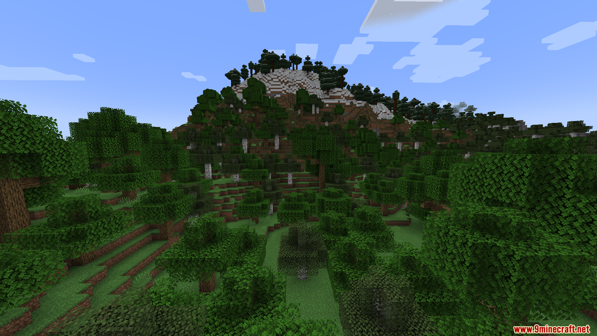 Starlight with Create Fix Mod Screenshot 4 A forested mountain with snow on its peak in Minecraft