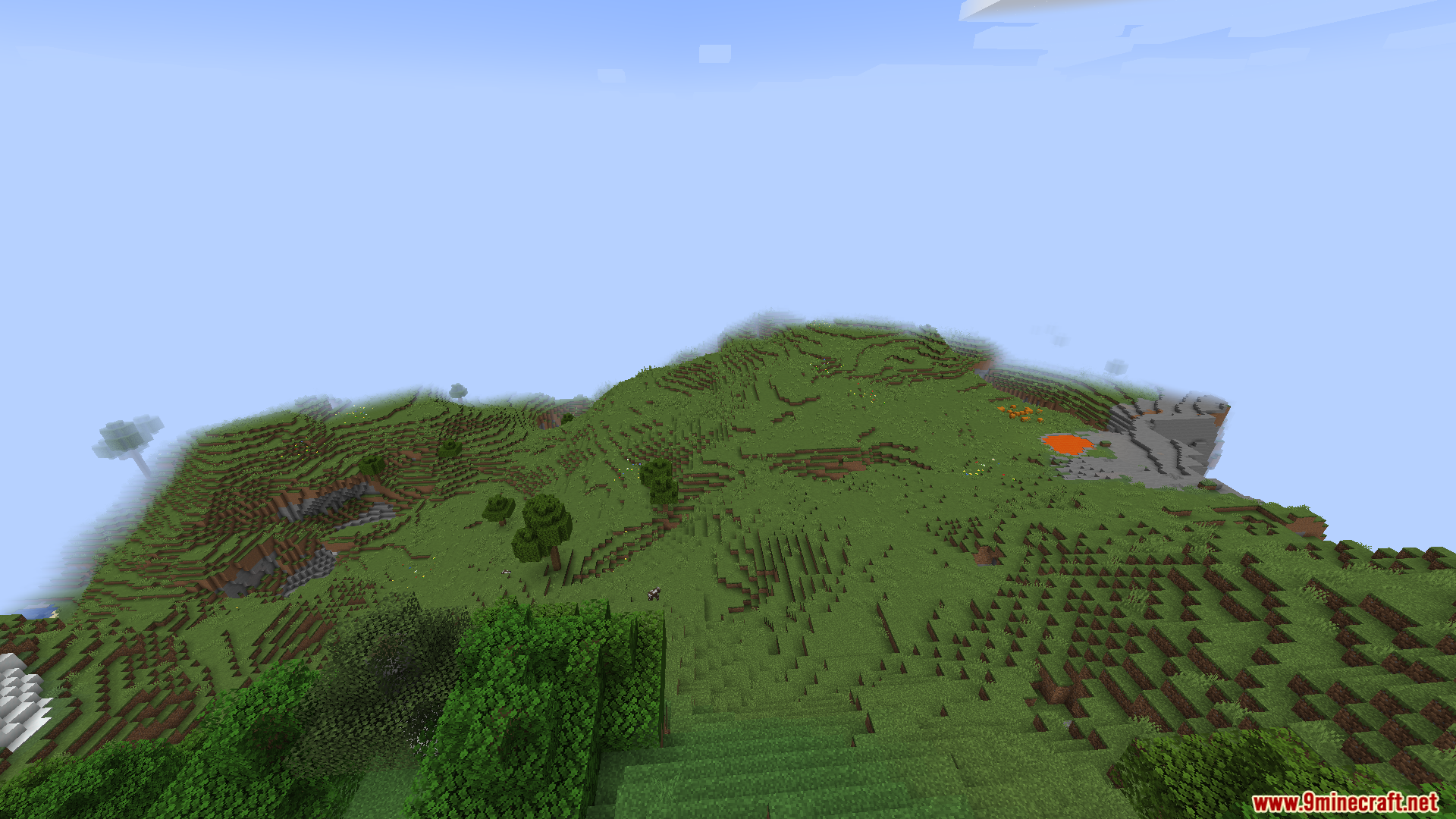 Starlight with Create Fix Mod Screenshot 8 Aerial view of a grassy Minecraft landscape with a small lava pool