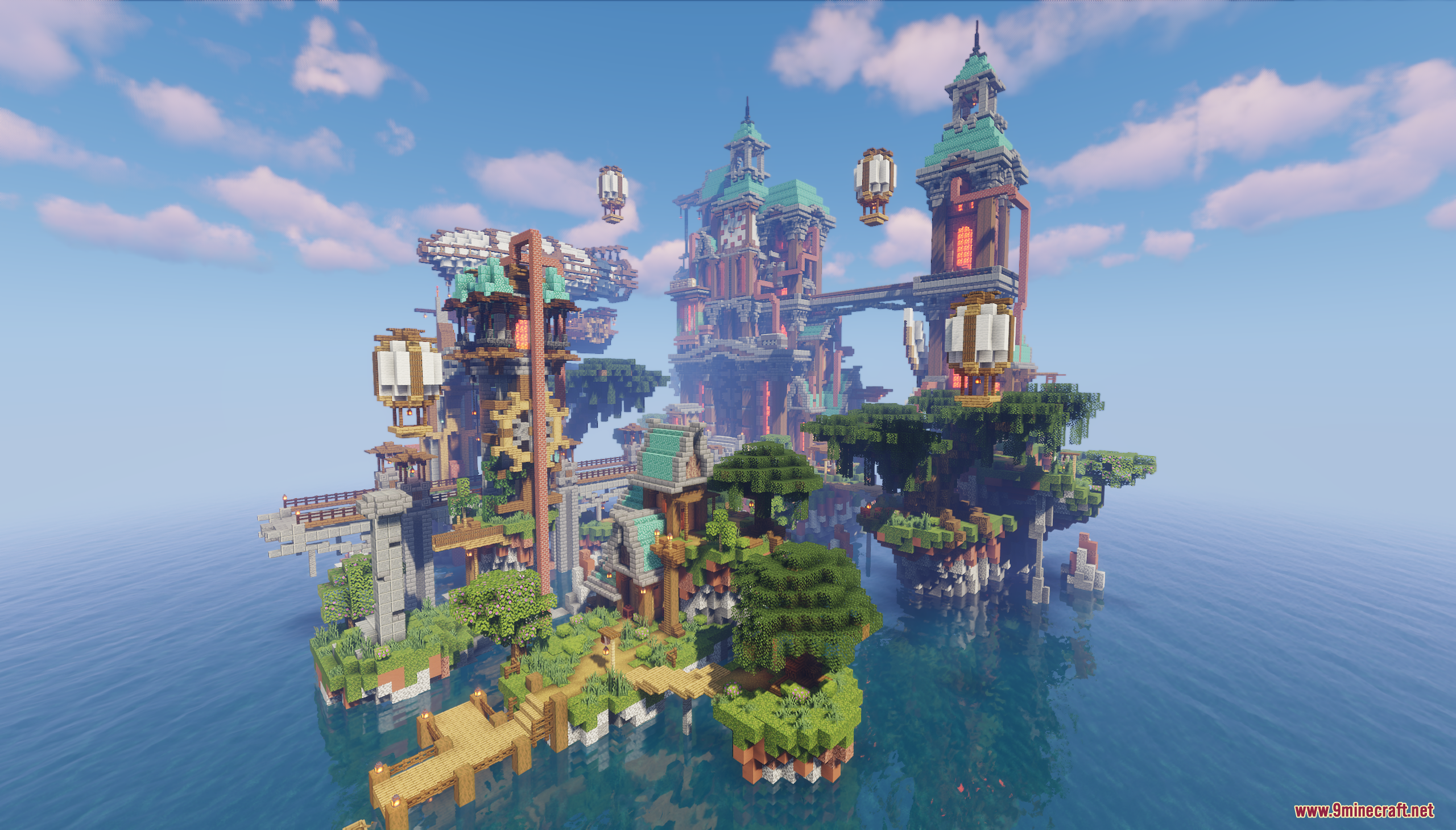 A vast steampunk city with towers floating over the ocean