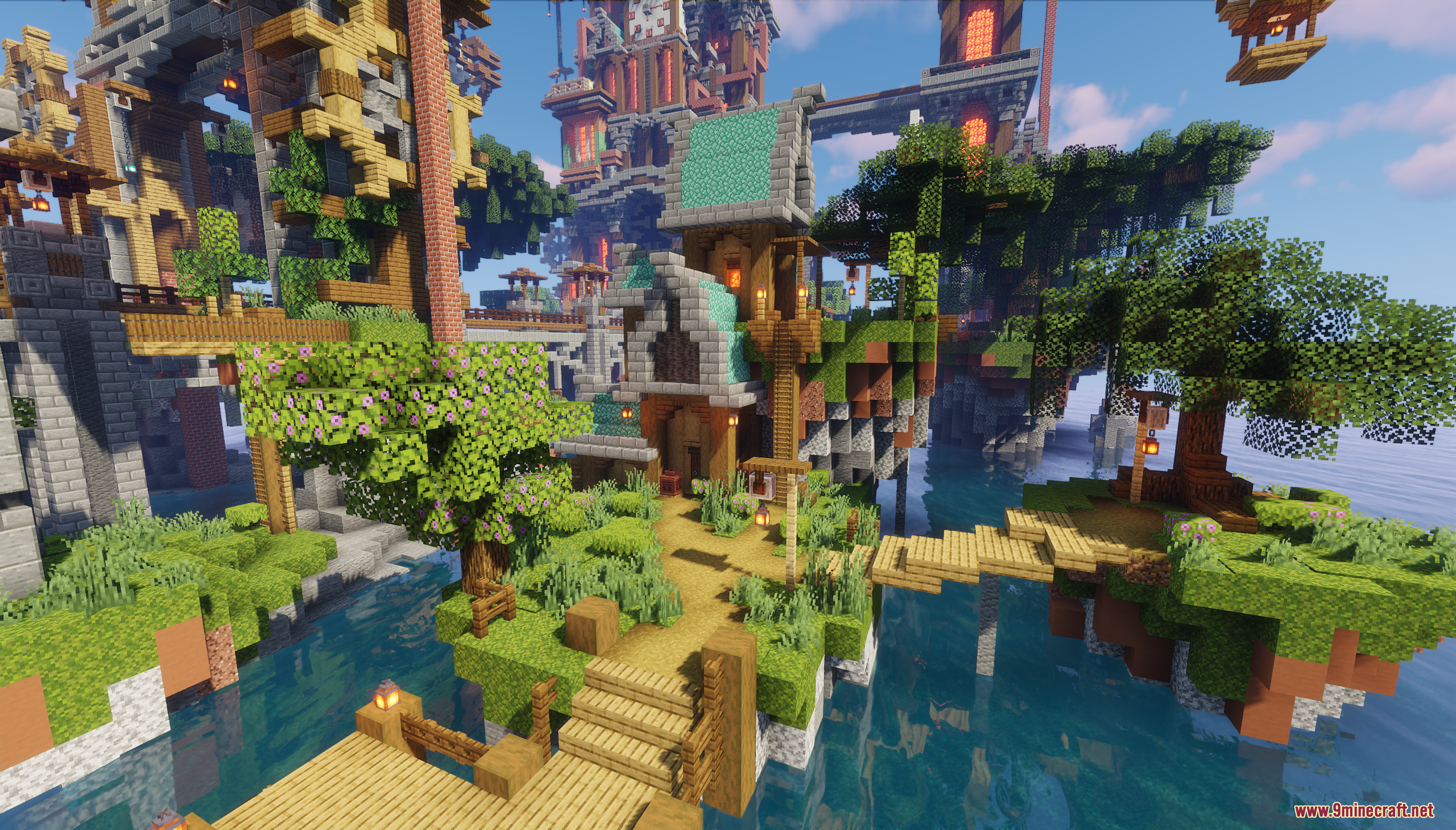 A cozy house on a green island with wooden walkways