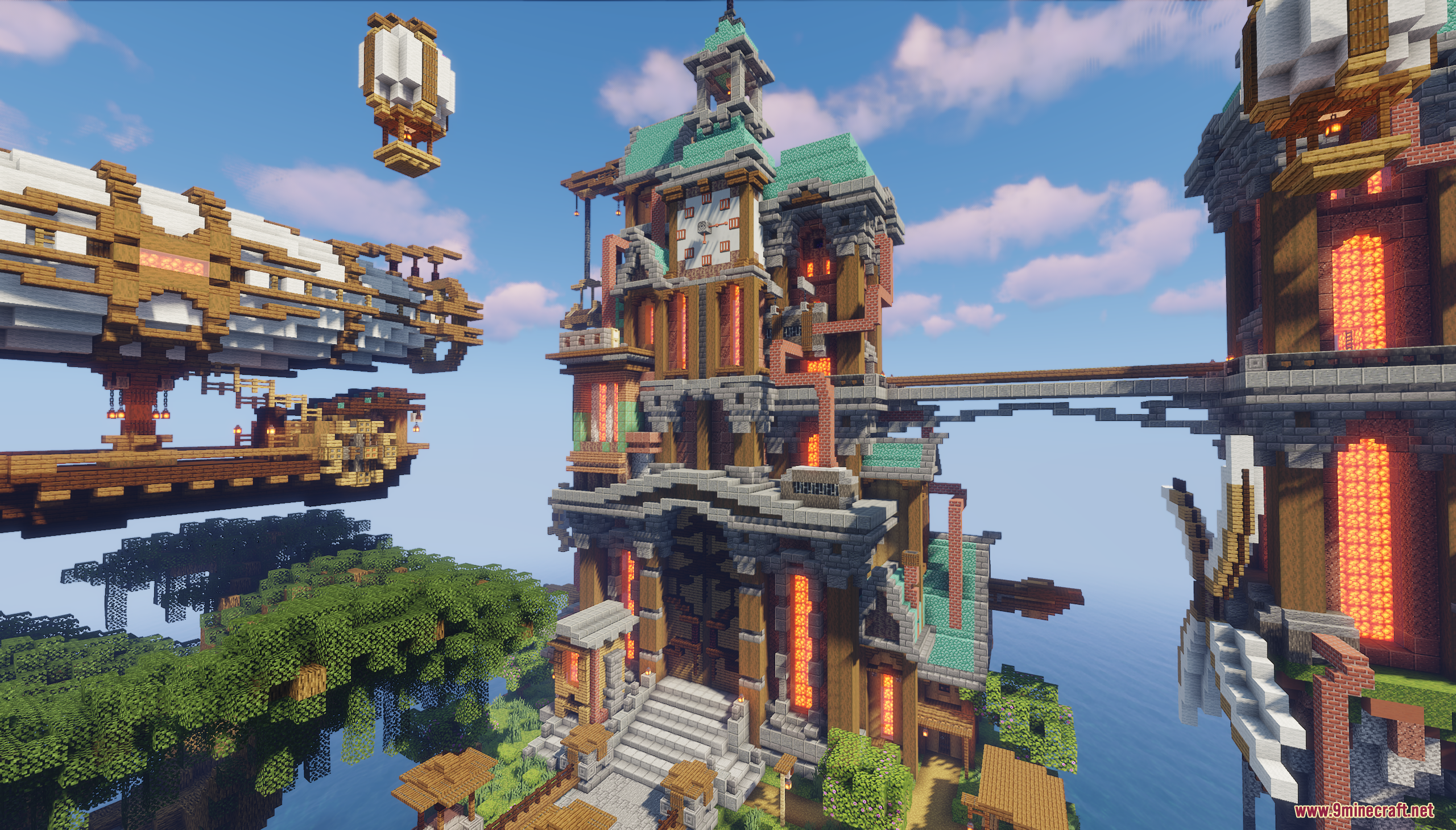 A grand steampunk clock tower on a floating island
