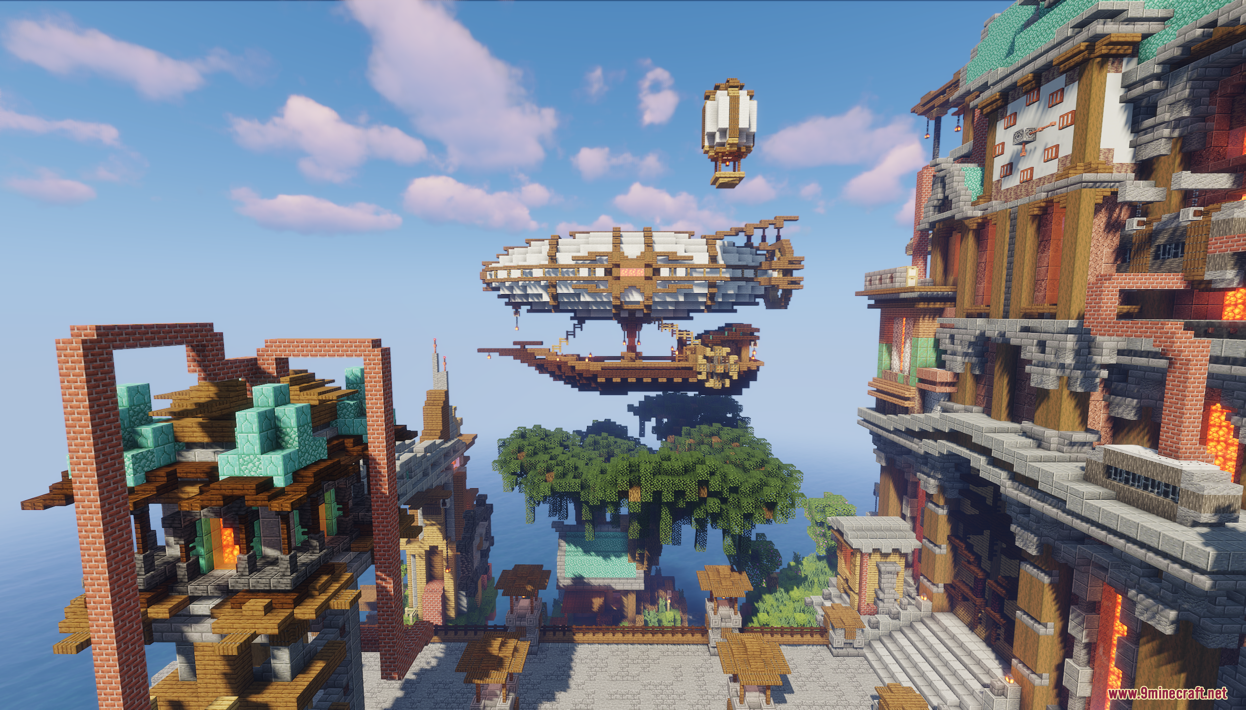 Steampunk airship hovers above a floating island city