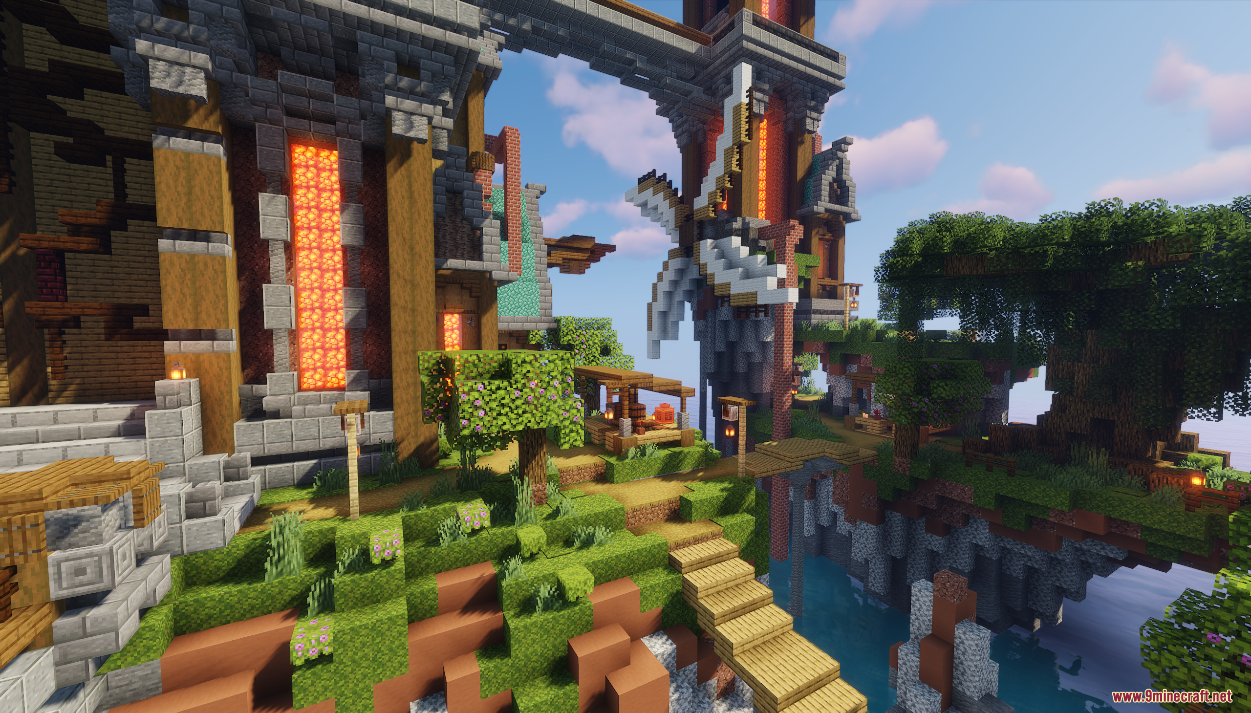 A lush green area on a floating island with a windmill