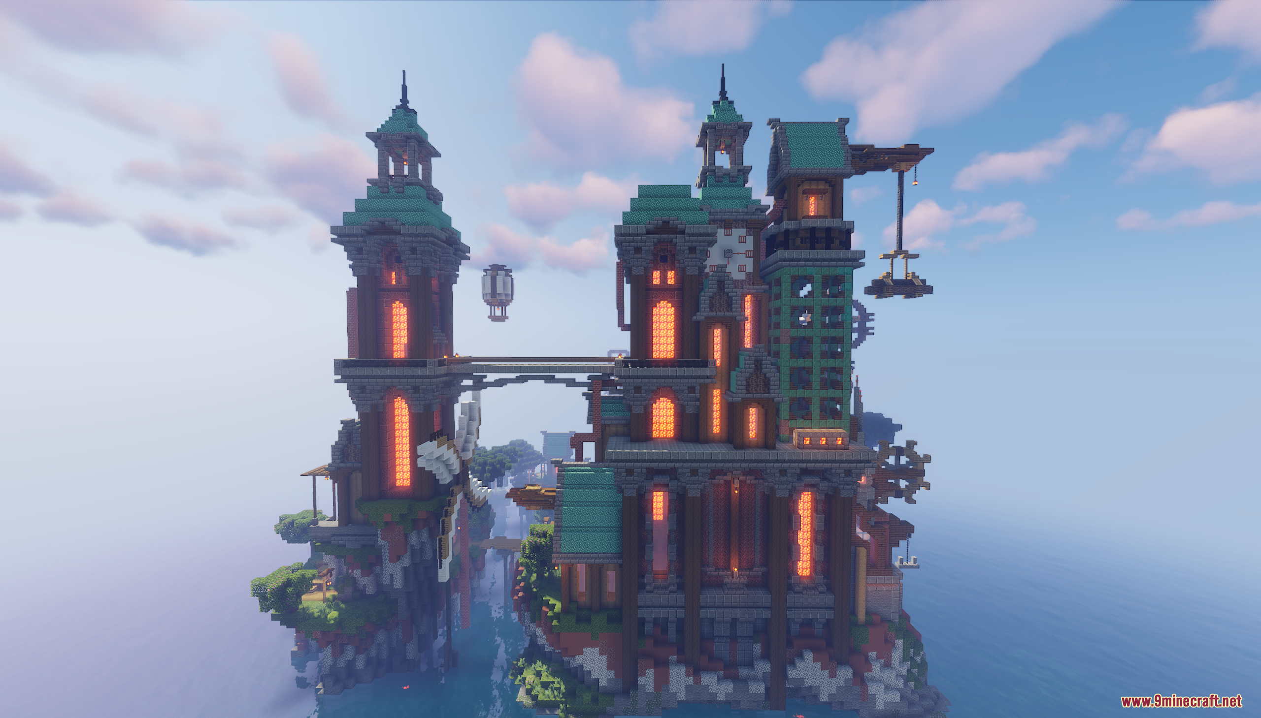 A detailed steampunk castle floating high above the ocean