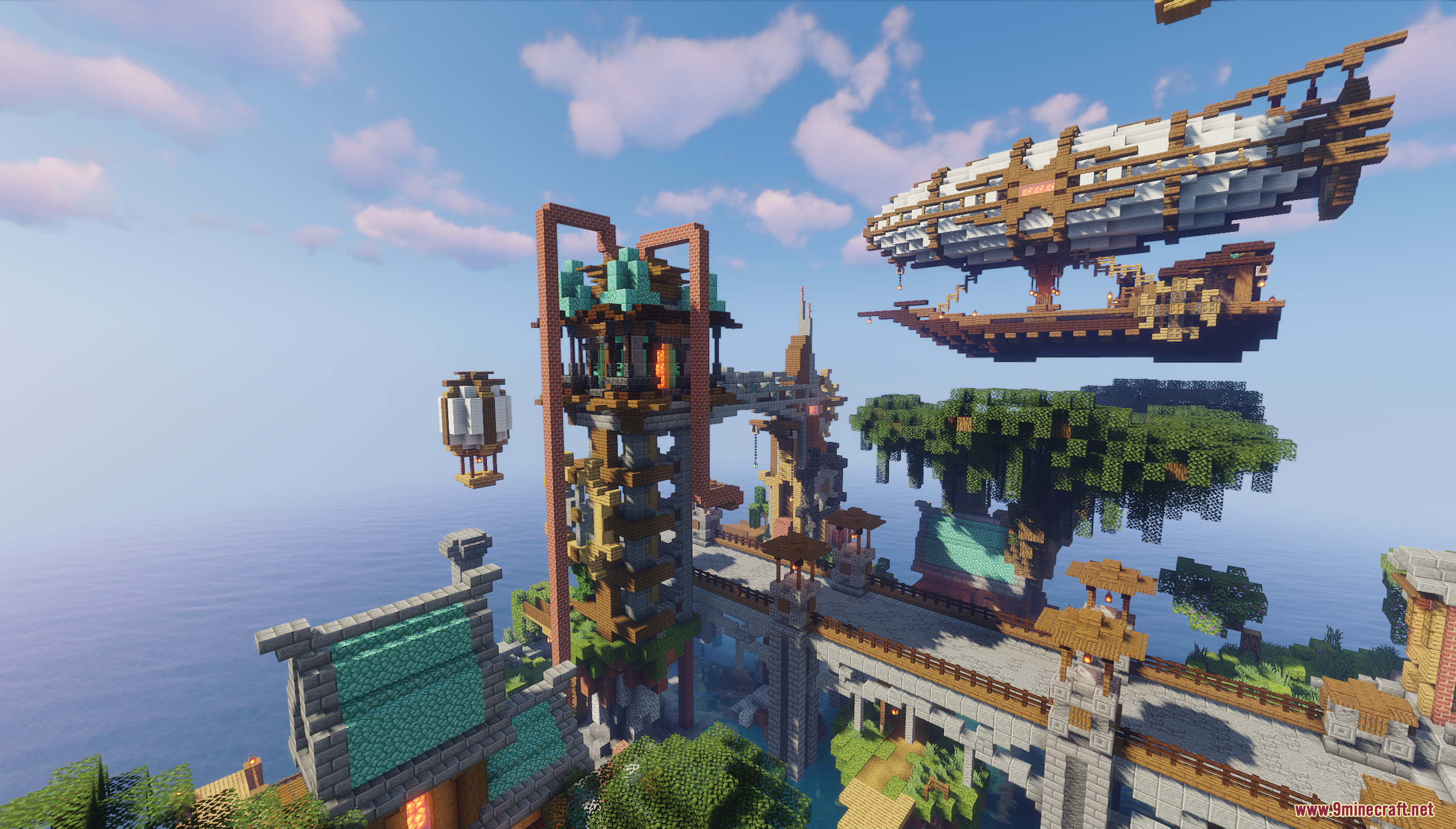 A large steampunk airship flying over a floating island city
