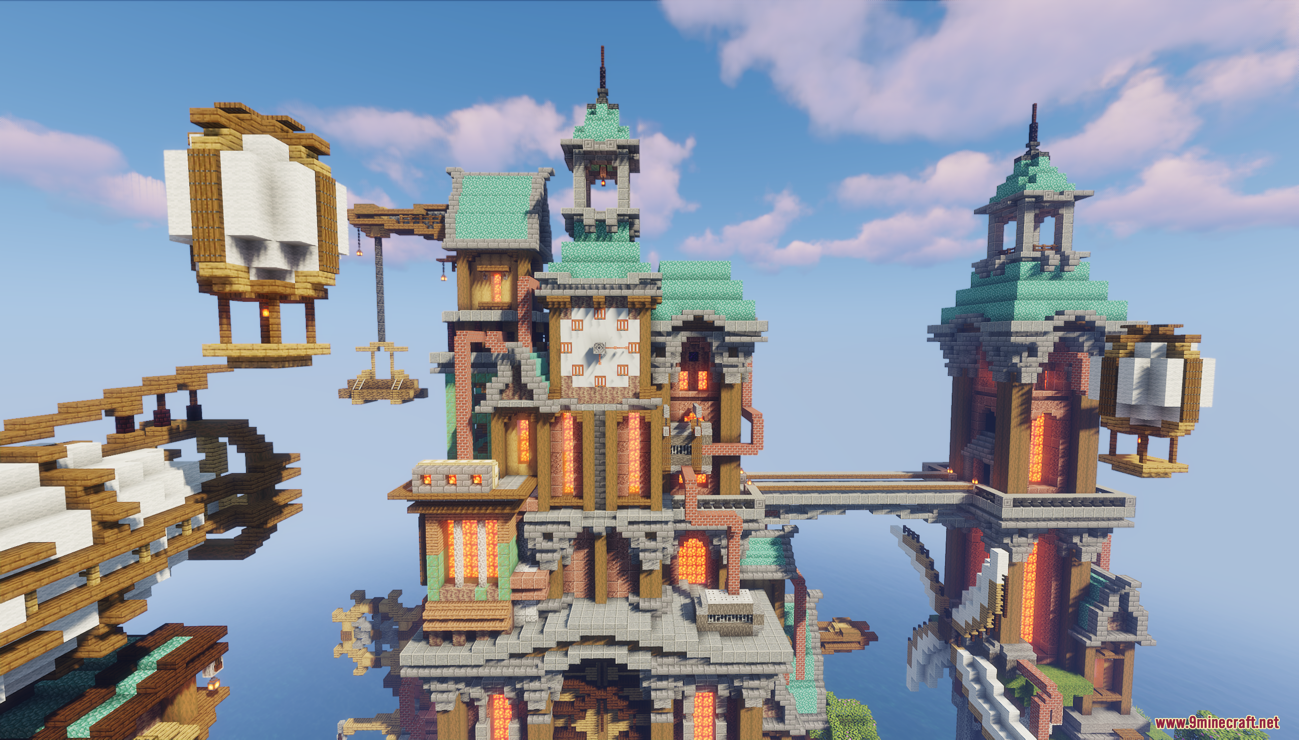 A close-up of a detailed steampunk clock tower building