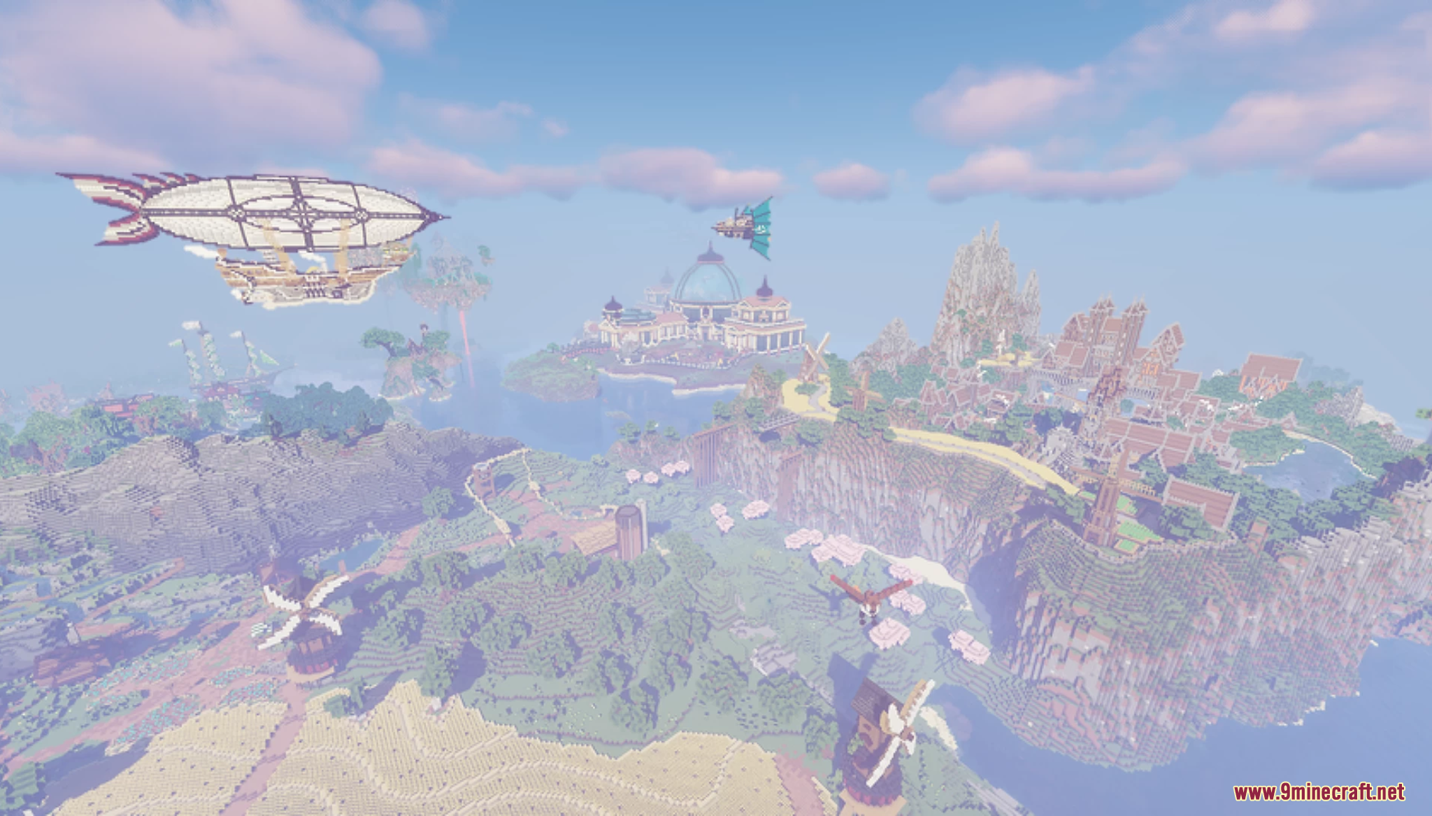 A large steampunk airship flying over a fantasy city
