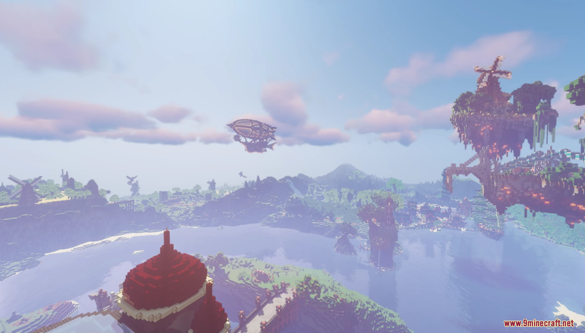 Floating islands with windmills and buildings above a large lake