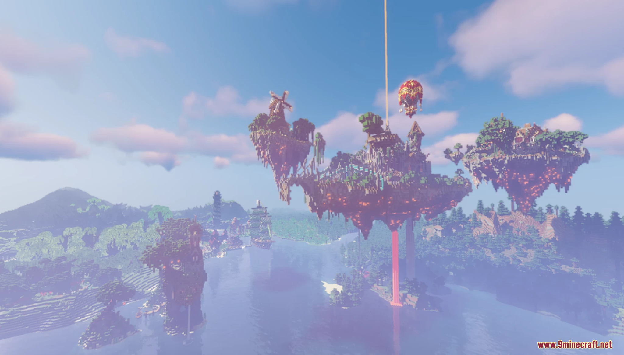 Massive floating islands with fantasy buildings over a misty landscape