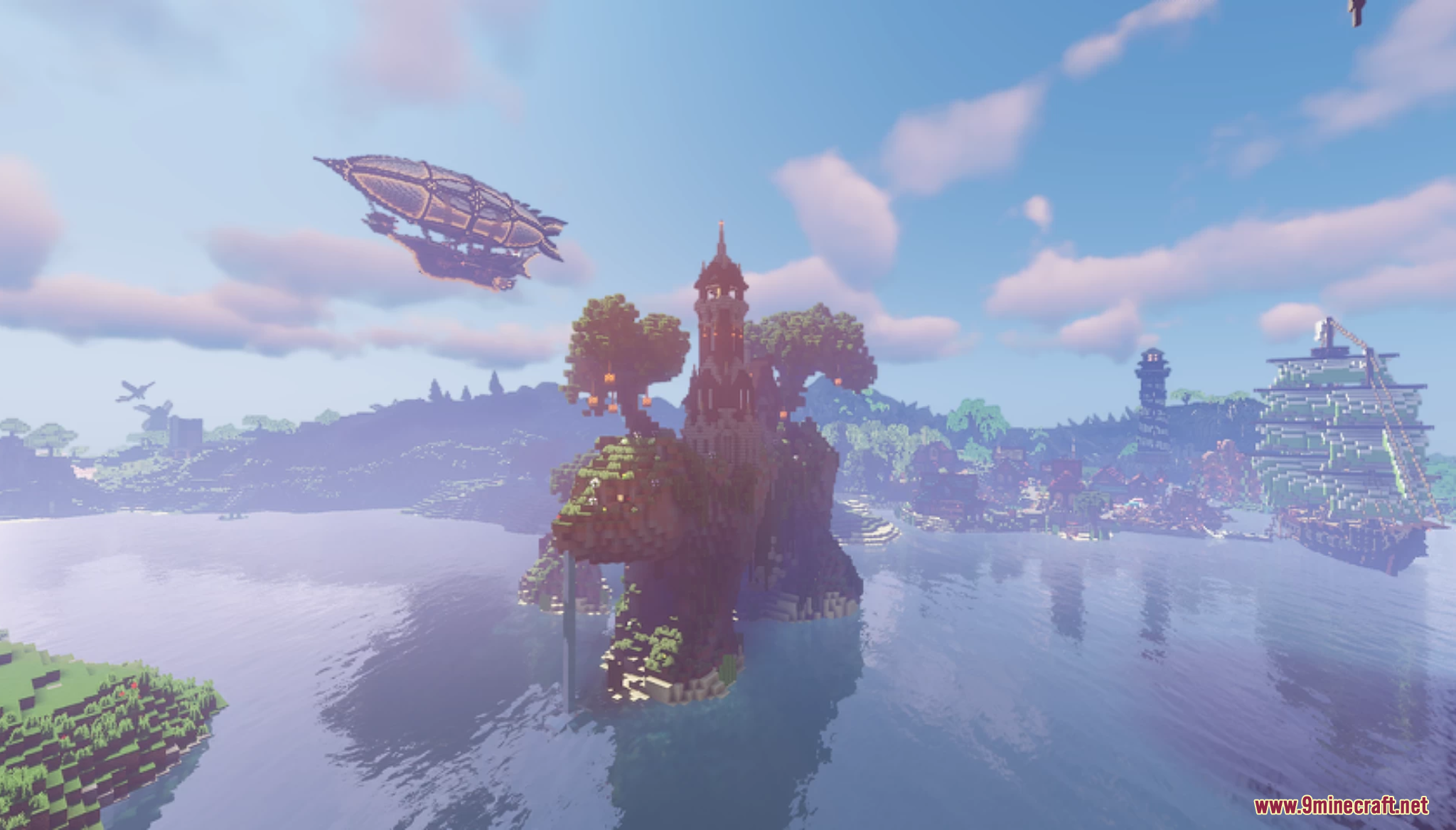 A steampunk airship flying over a small island castle