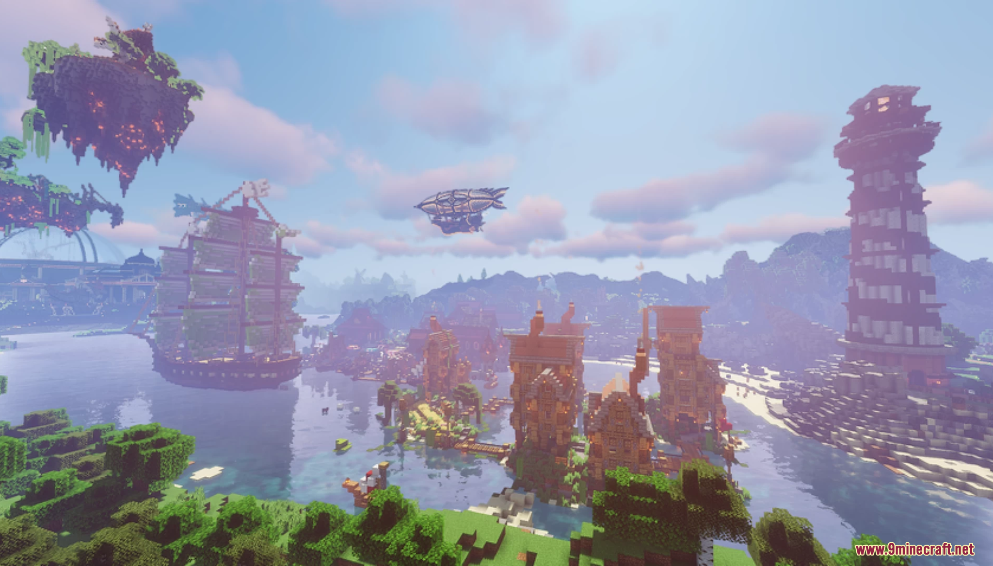 A bustling port city with ships and a flying airship