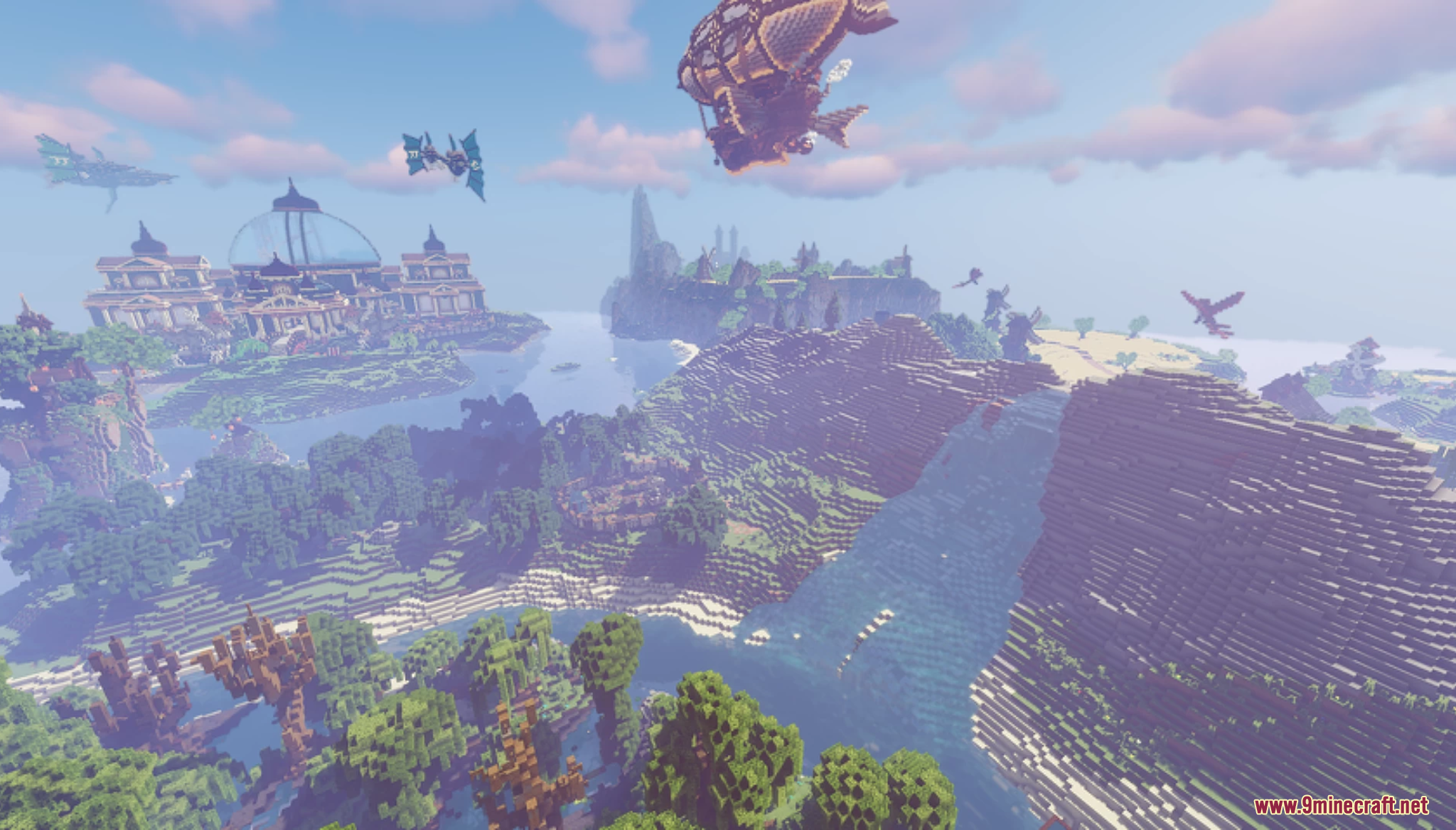 A vast fantasy city with airships flying overhead