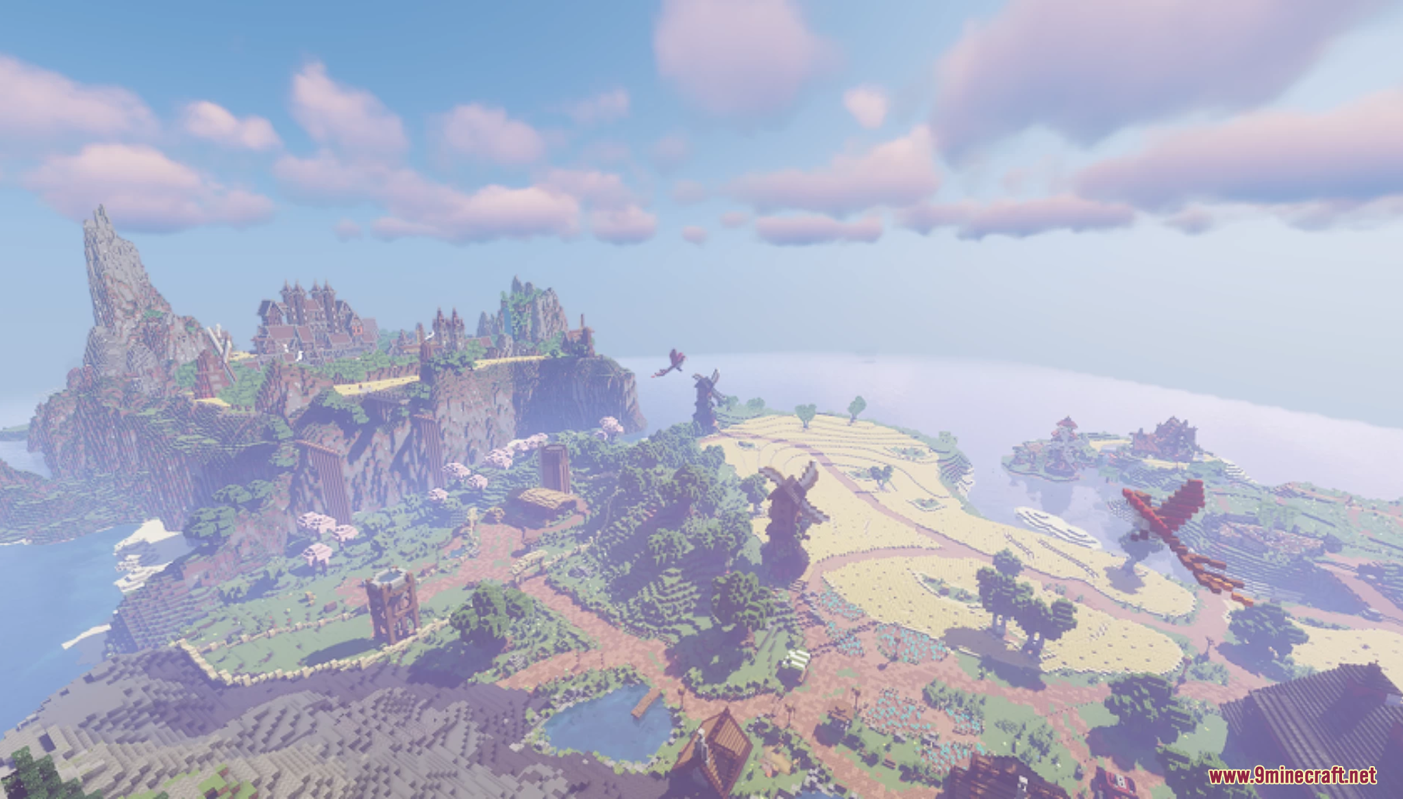A fantasy countryside with windmills and flying red dragons