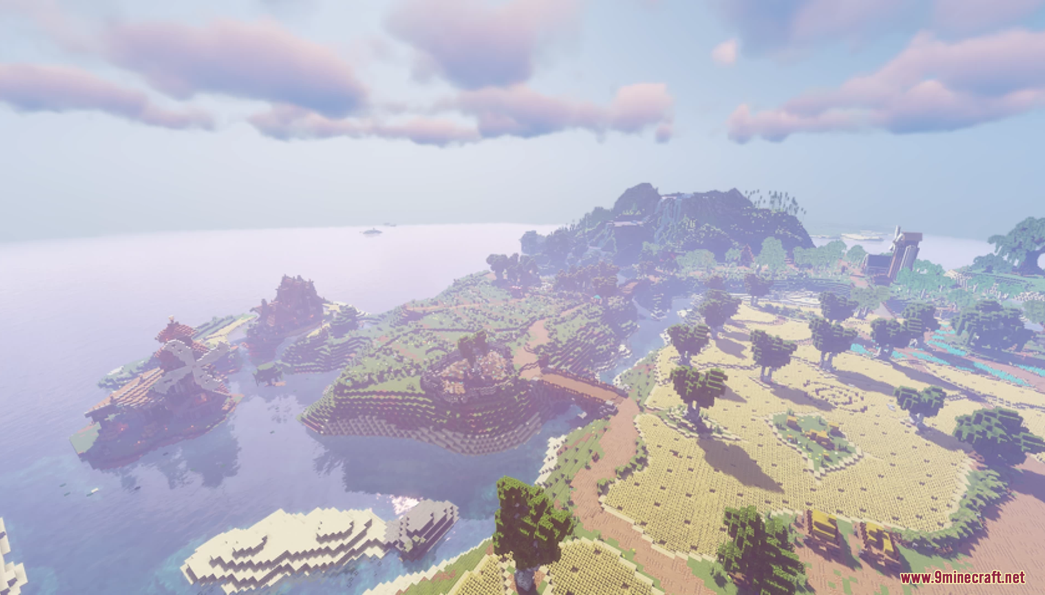 An aerial view of a scenic coastal island landscape