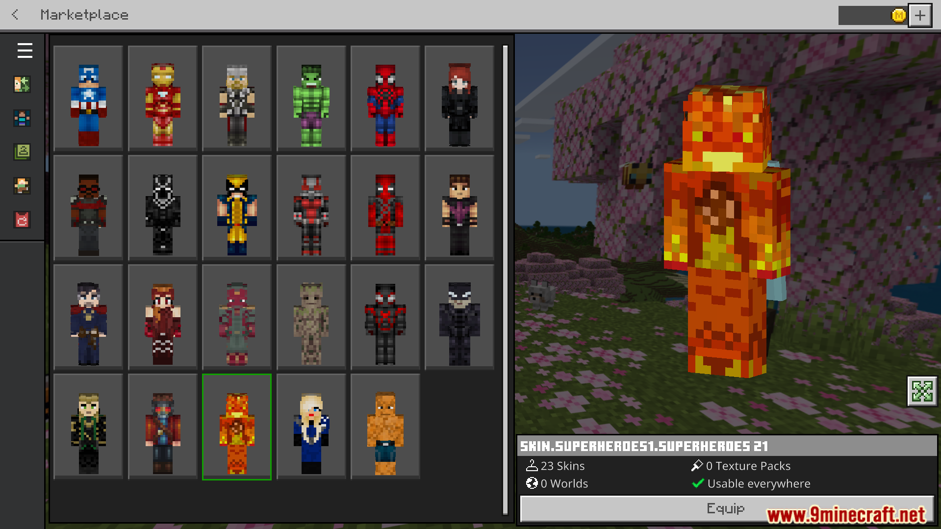 A player selects a fiery superhero skin from the addon pack