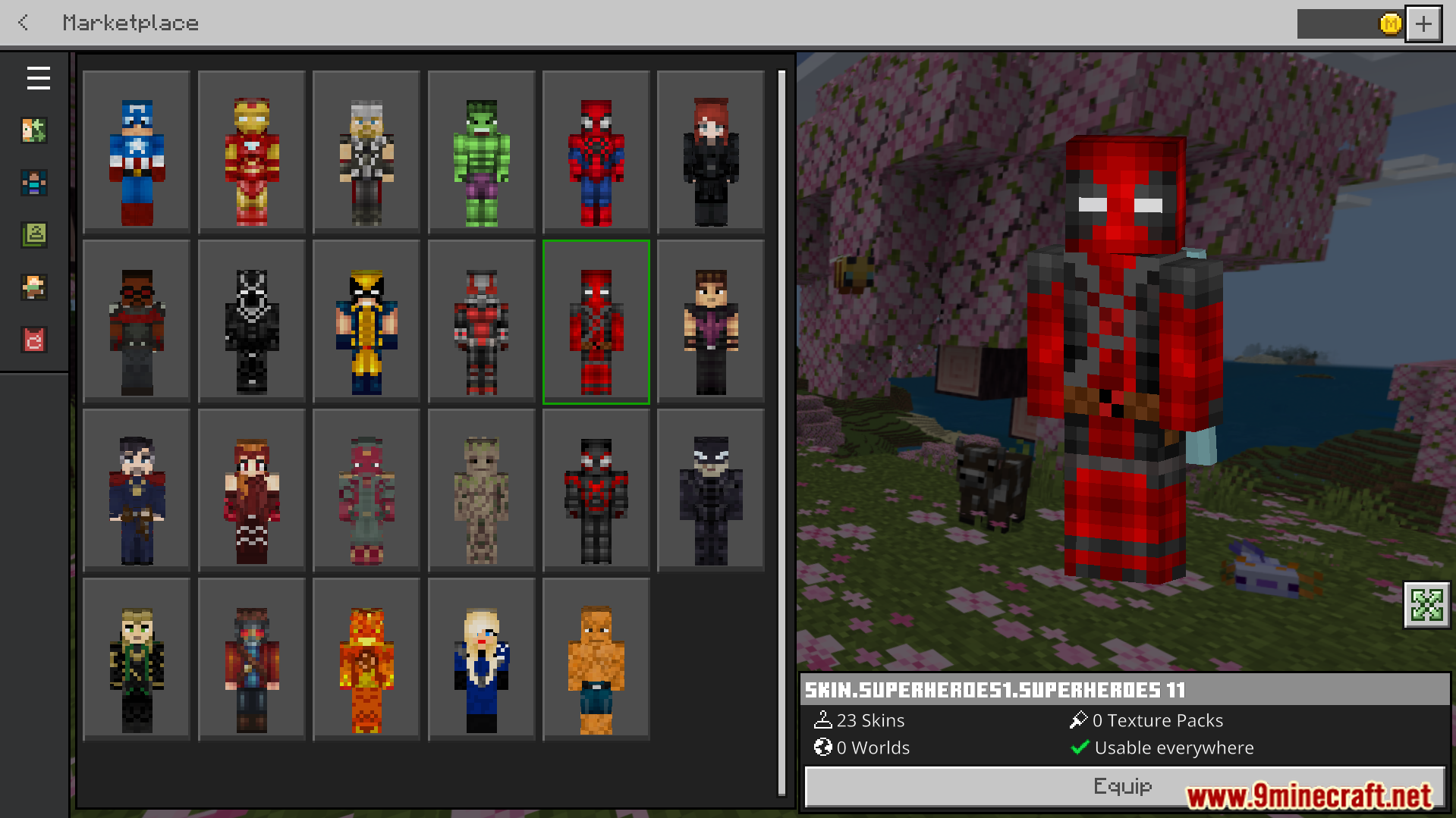 Choosing a famous Marvel character skin from the selection screen