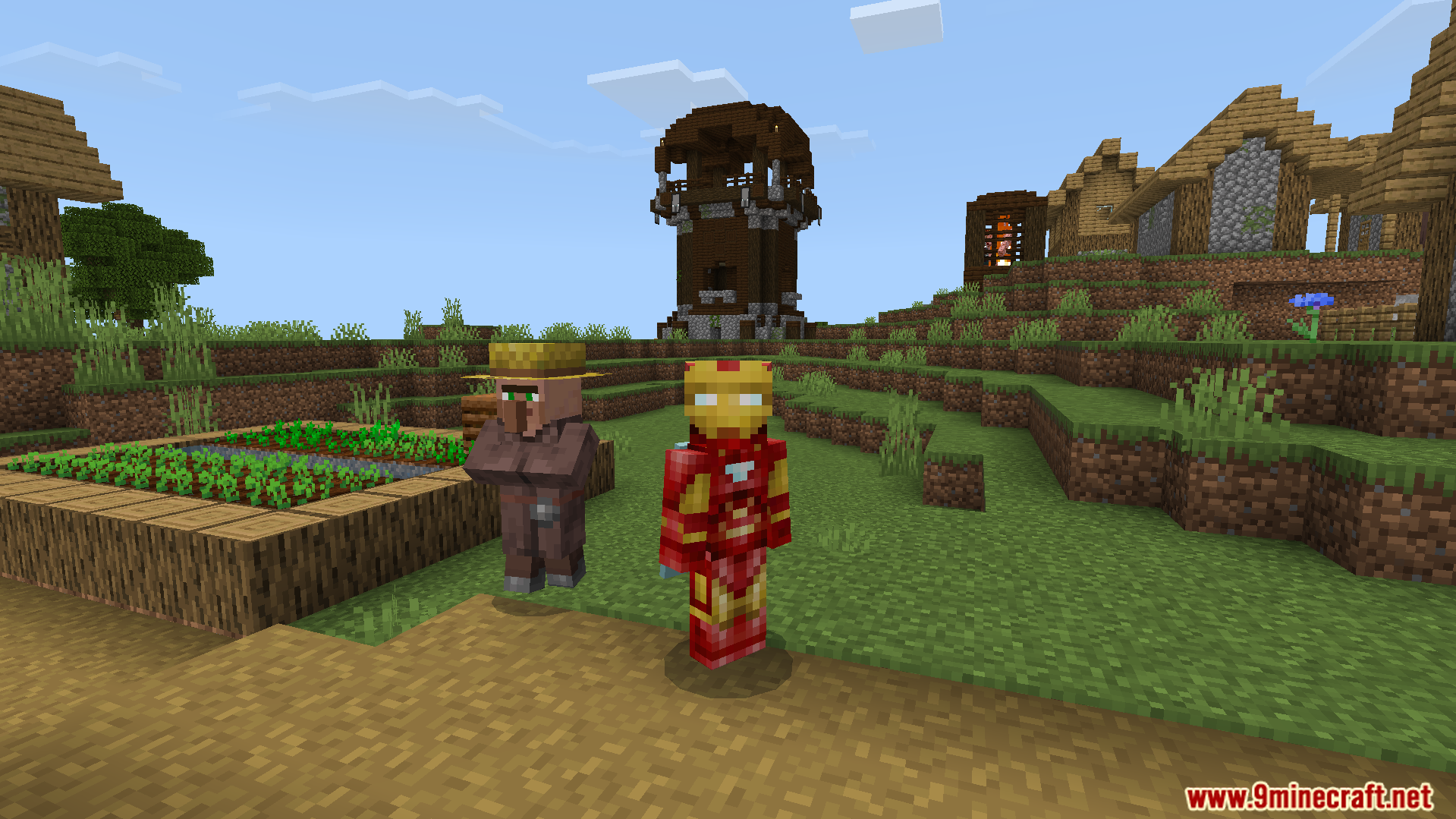 A player wearing the Iron Man outfit stands in a village