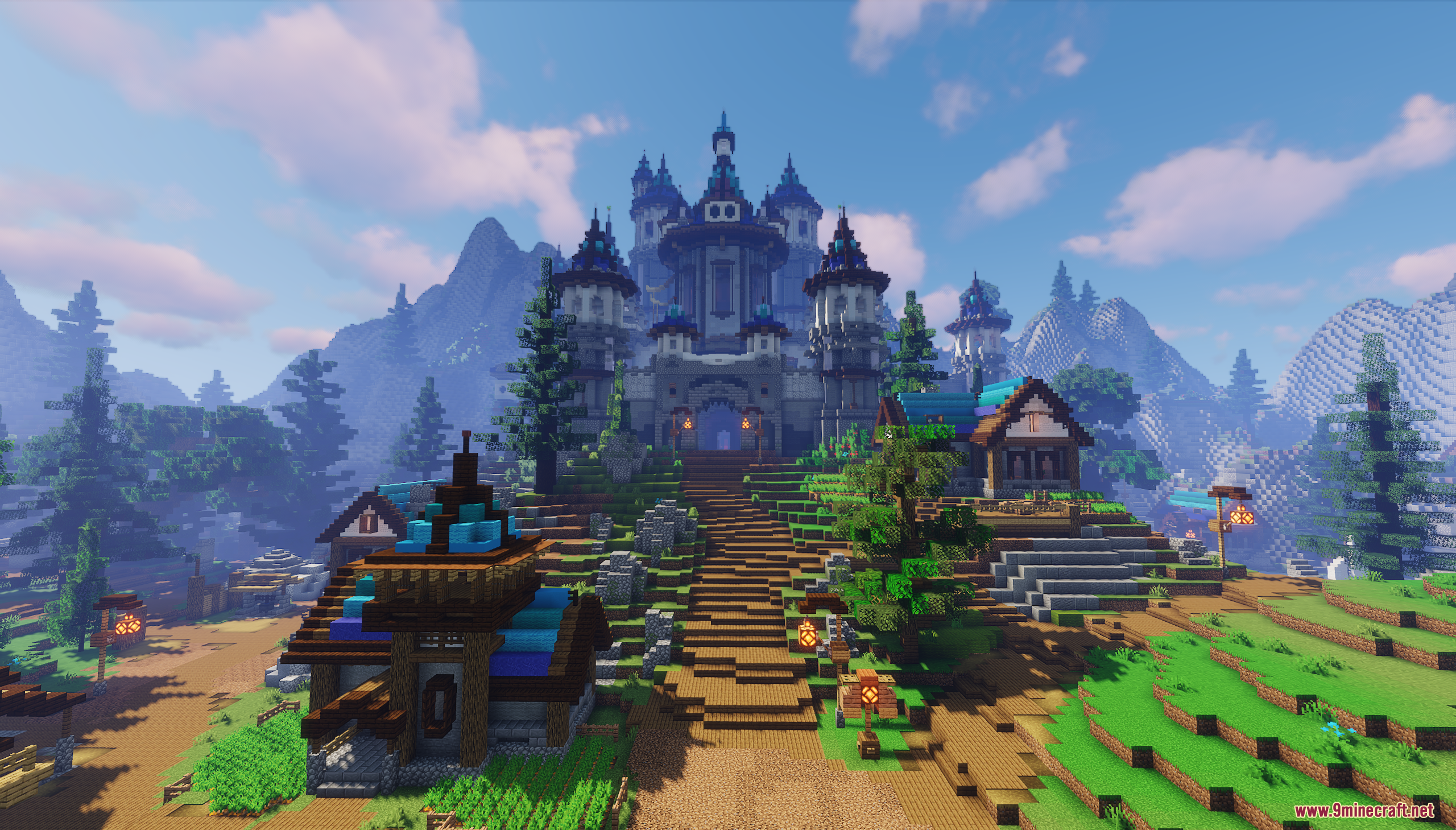 Large survival castle spawn built on a hill with a grand wooden staircase