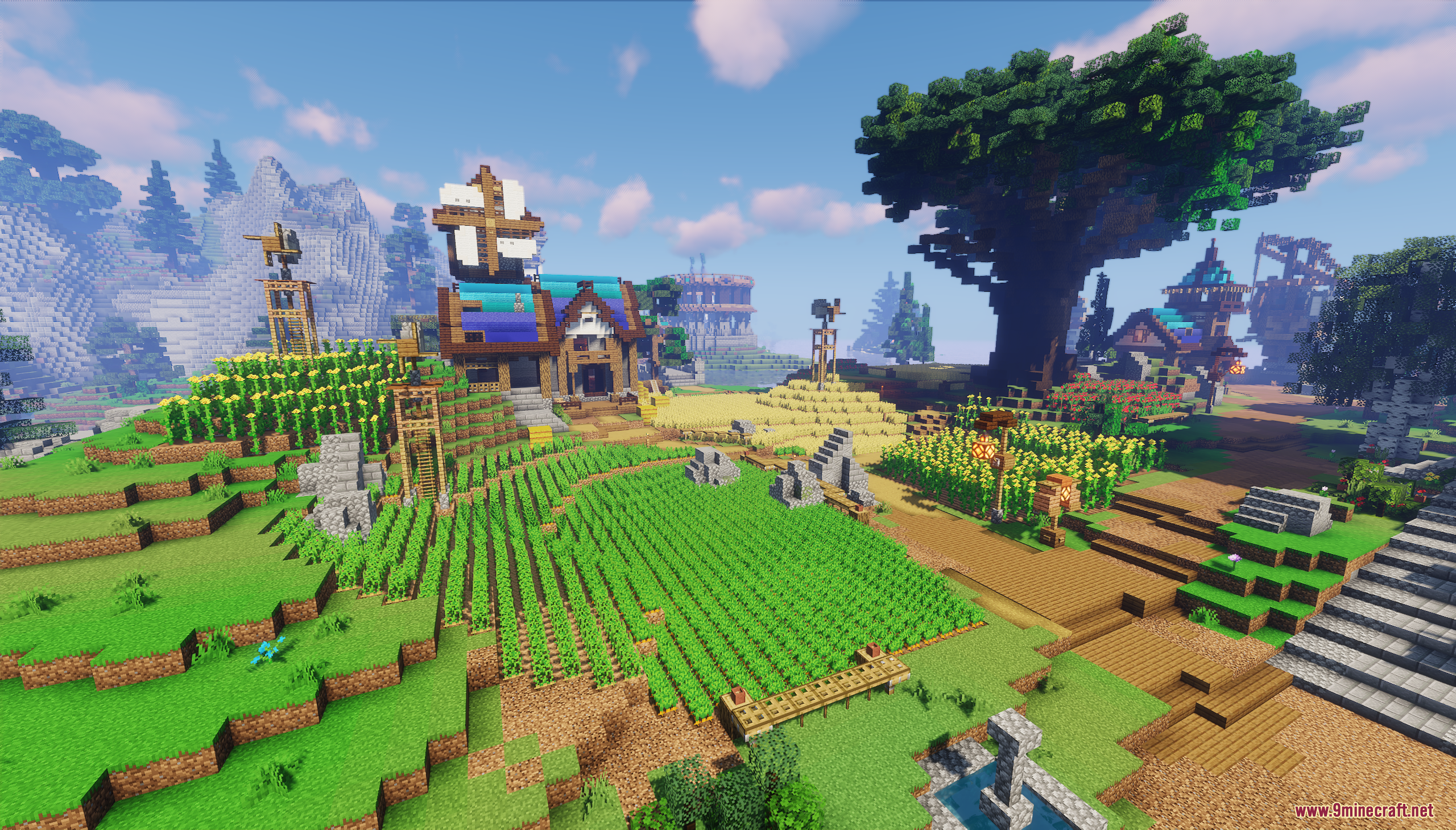 Farming village area featuring growing crops a windmill and a giant custom tree