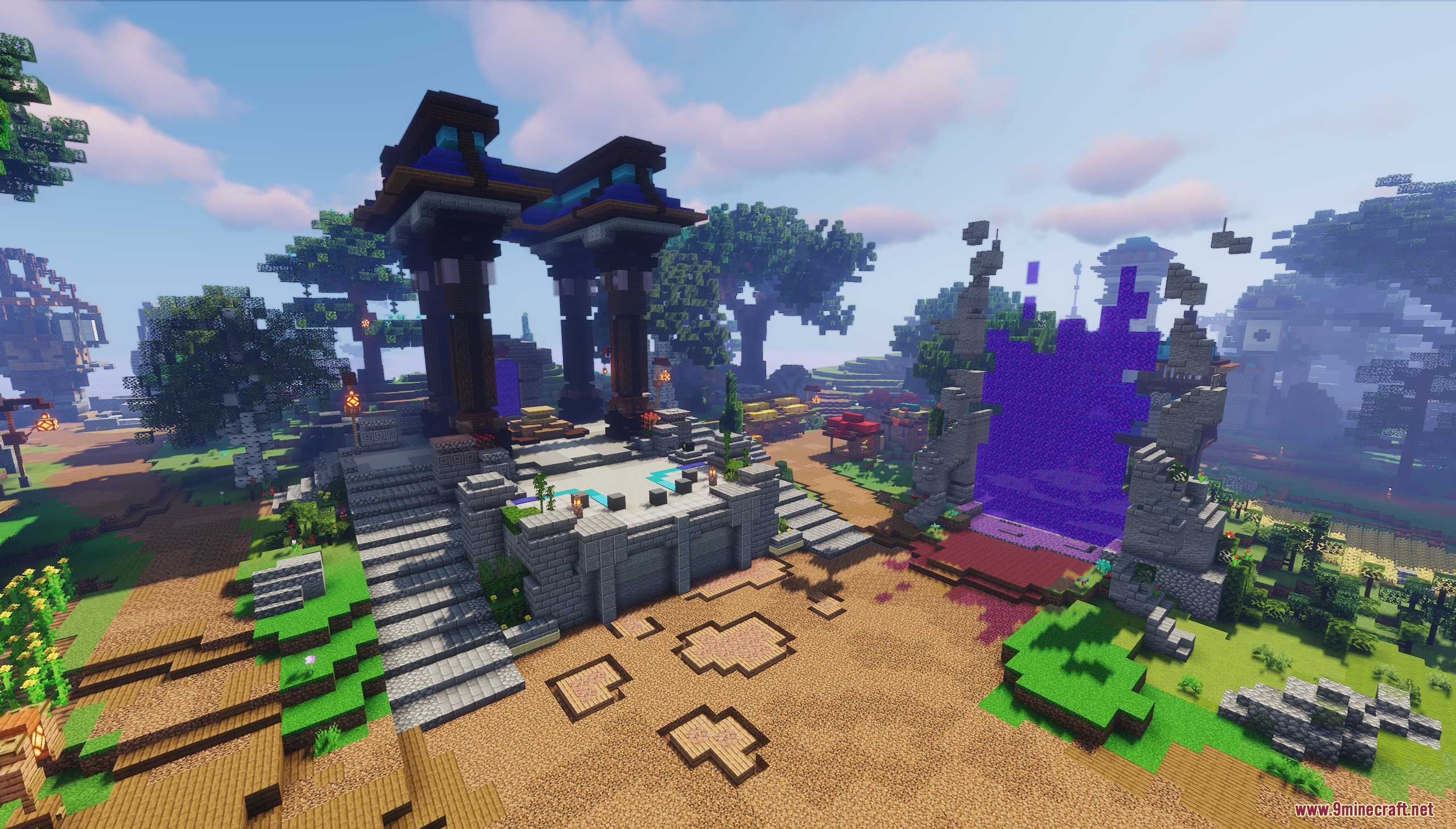 Large stone structure with stairs and pillars near a glowing purple Nether portal