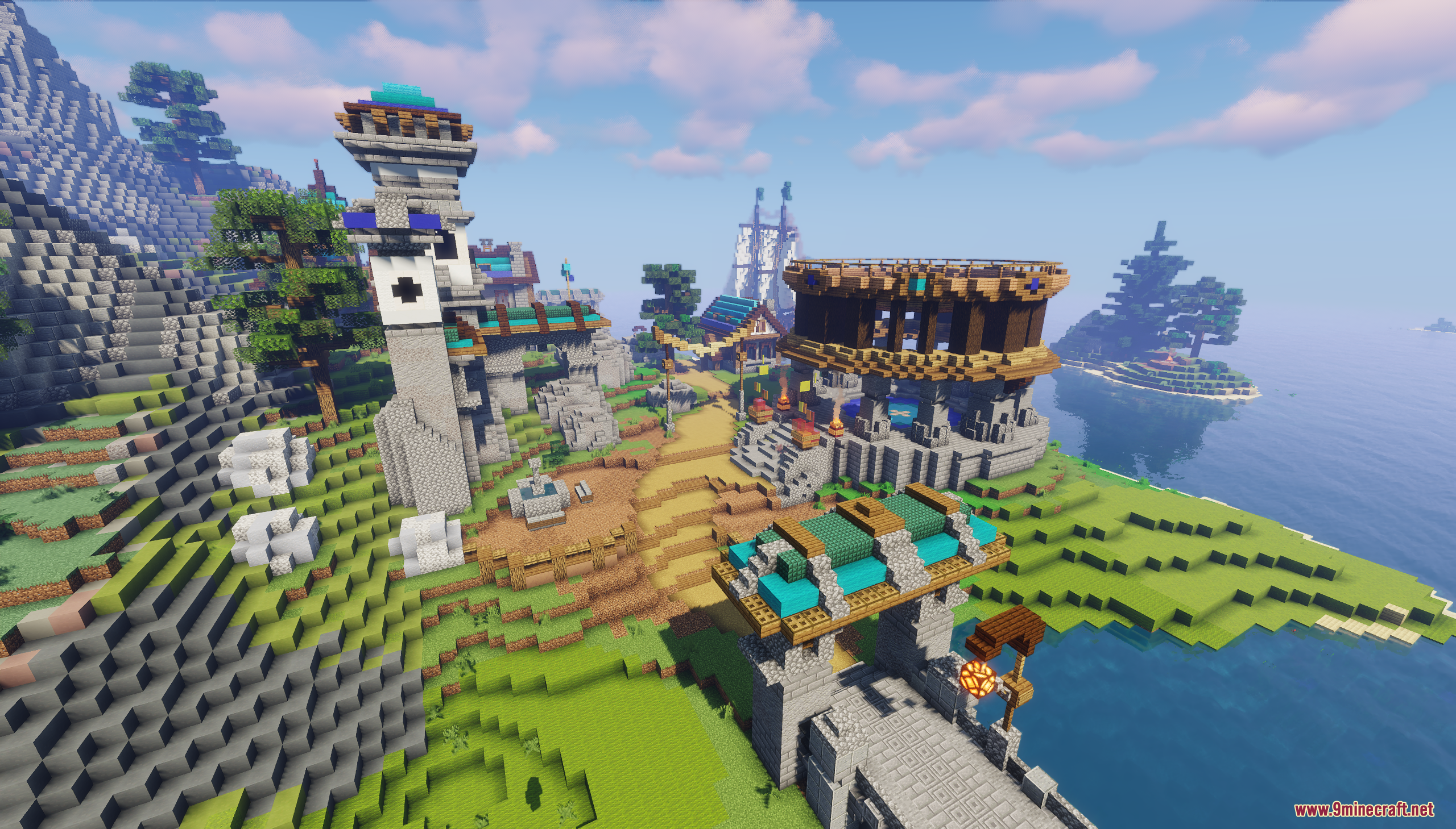 Coastal settlement with a tall stone tower and circular building near a ship