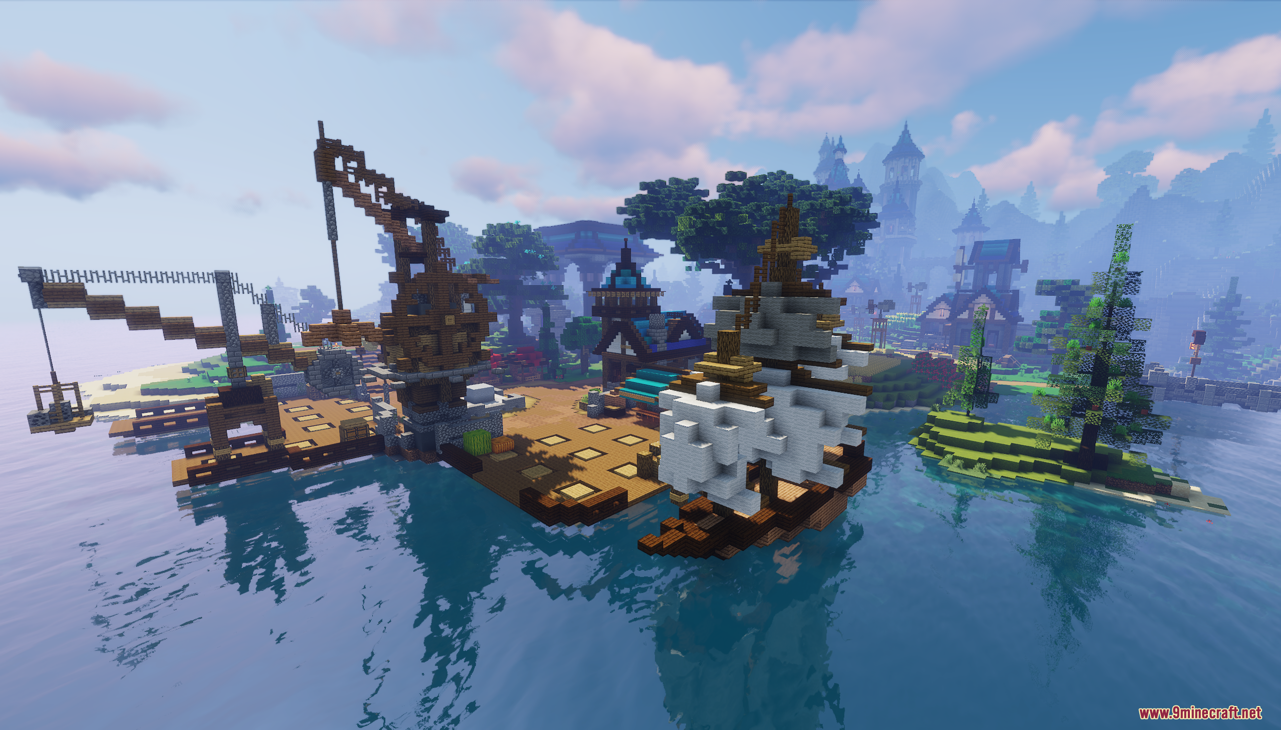 Detailed harbor area featuring a docked sailing ship and large wooden cranes