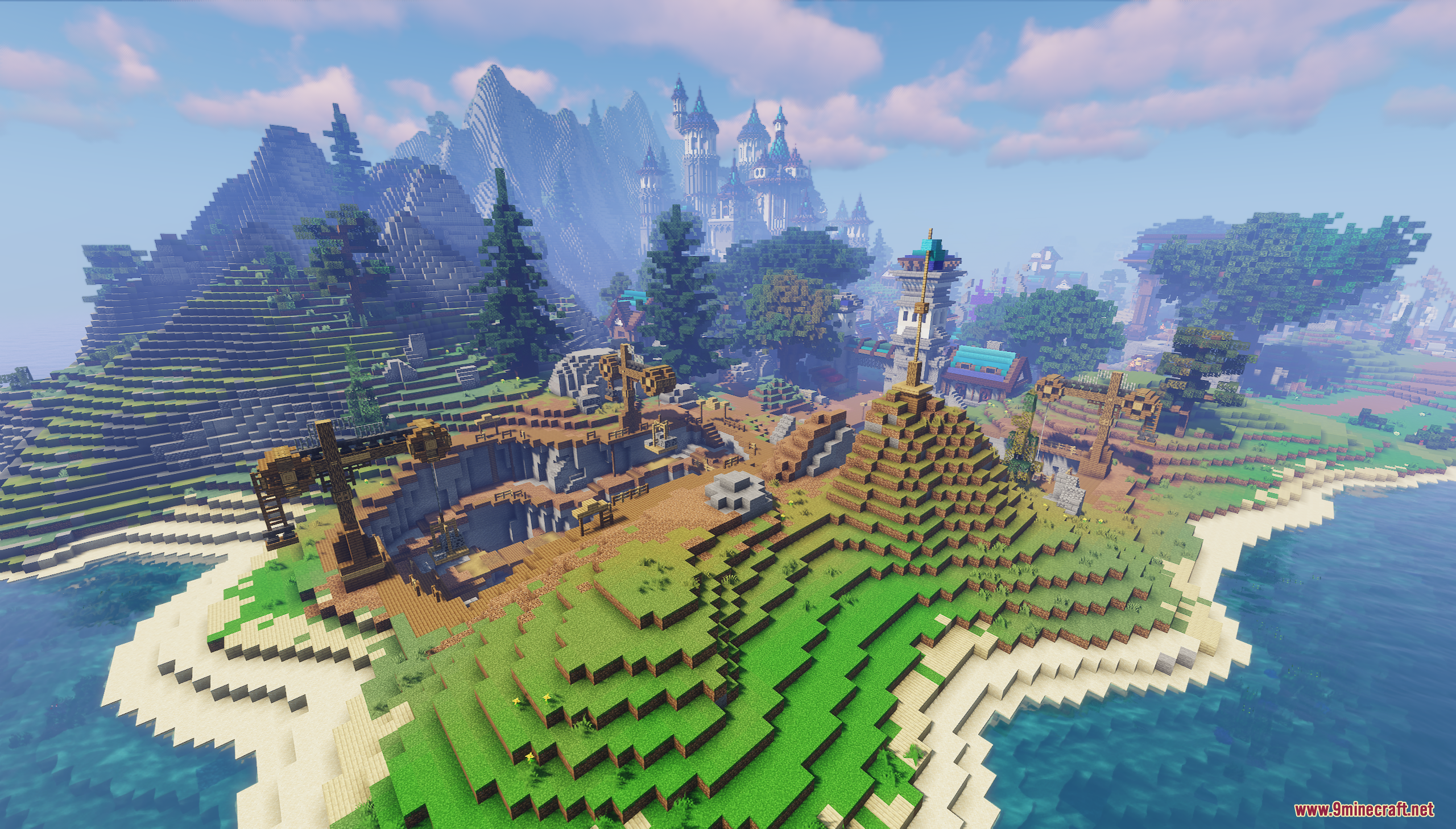 Coastal quarry site with wooden cranes and a large castle on a mountain