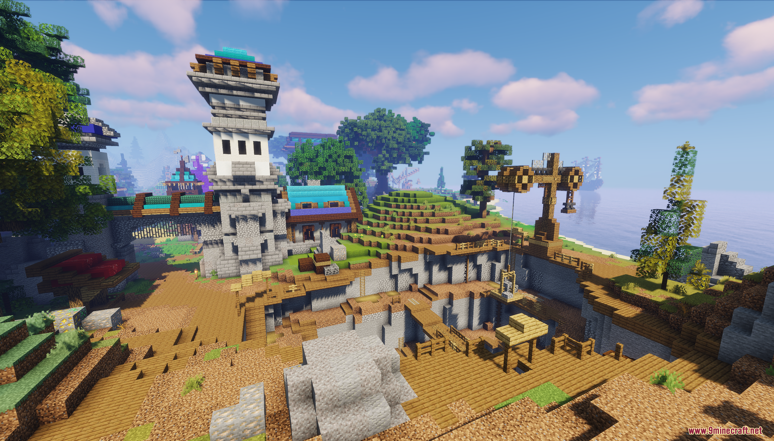 Large stone tower and extensive wooden mining quarry built near the water