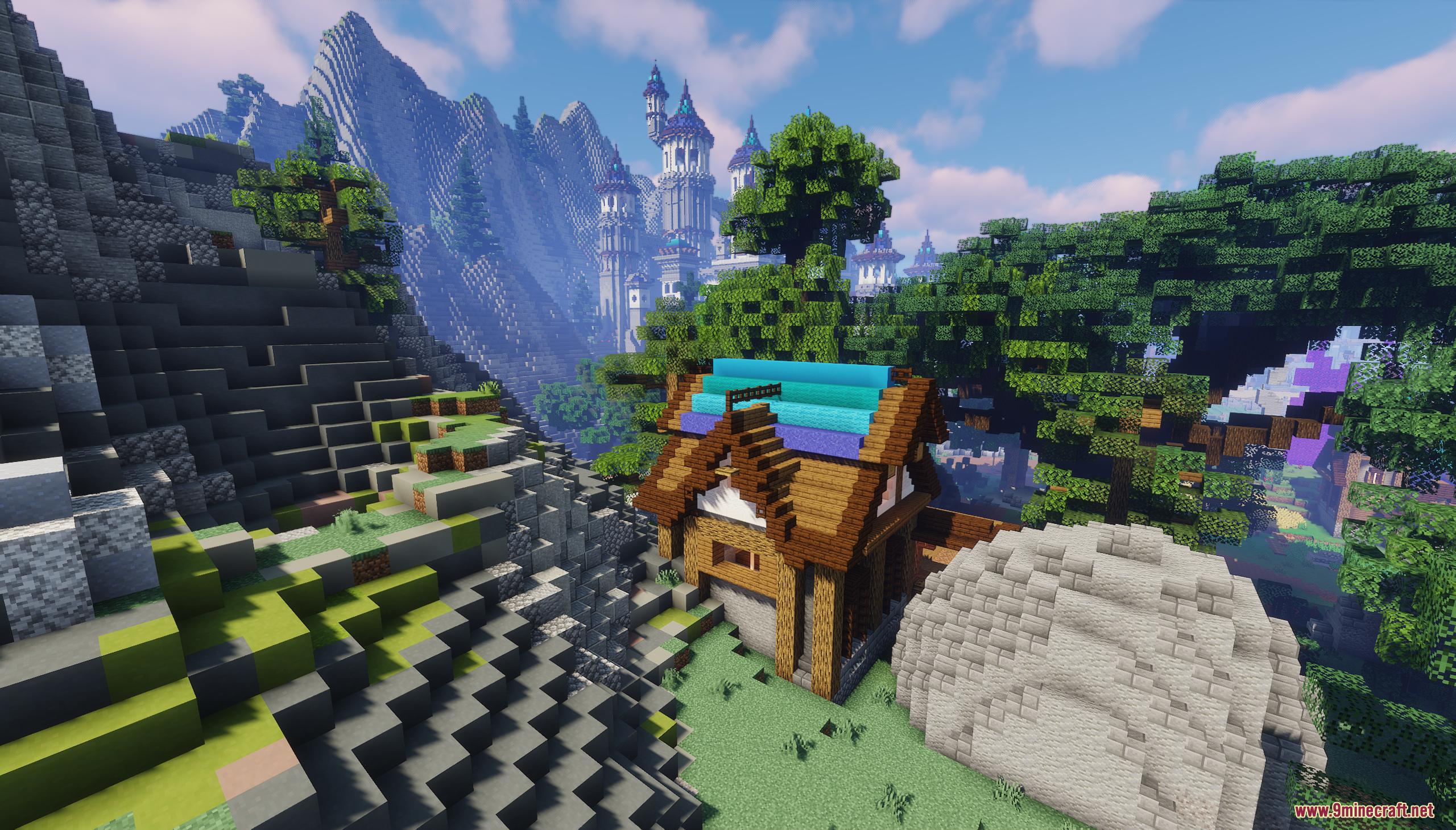 Small wooden house with a cyan roof nestled below a large mountain castle