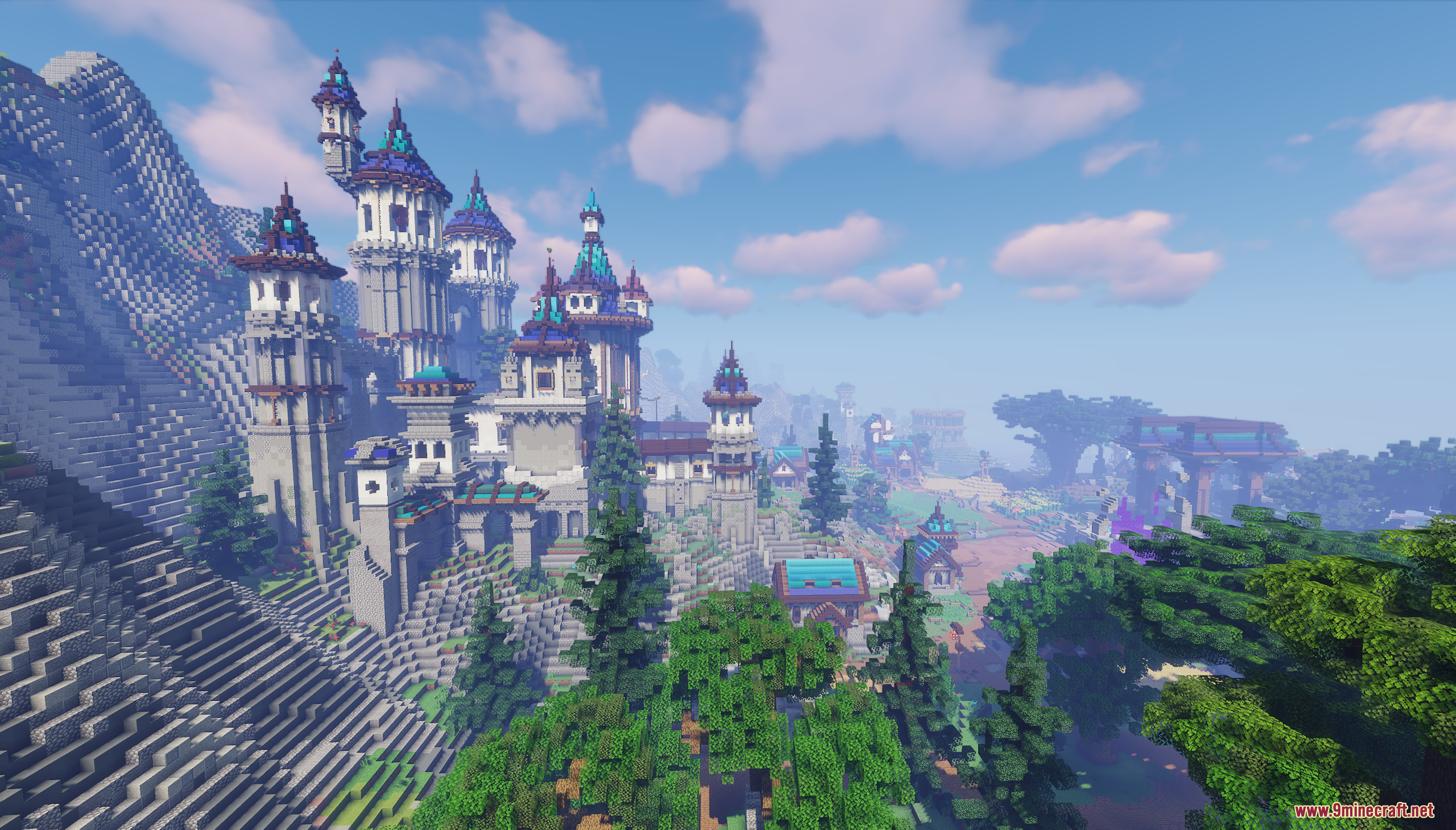 Large stone castle with blue roofs built into a steep mountain side