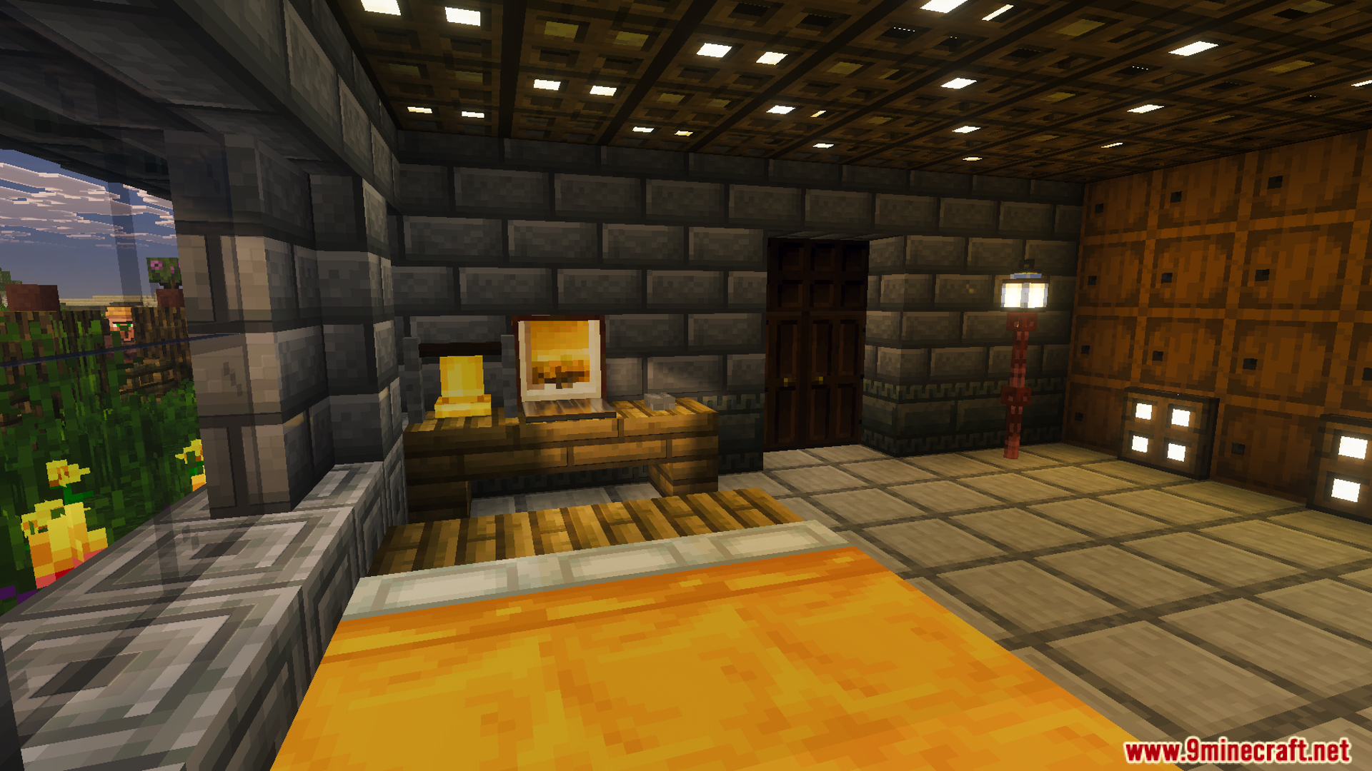 Decorated bedroom interior with yellow bed wooden desk and stone brick walls