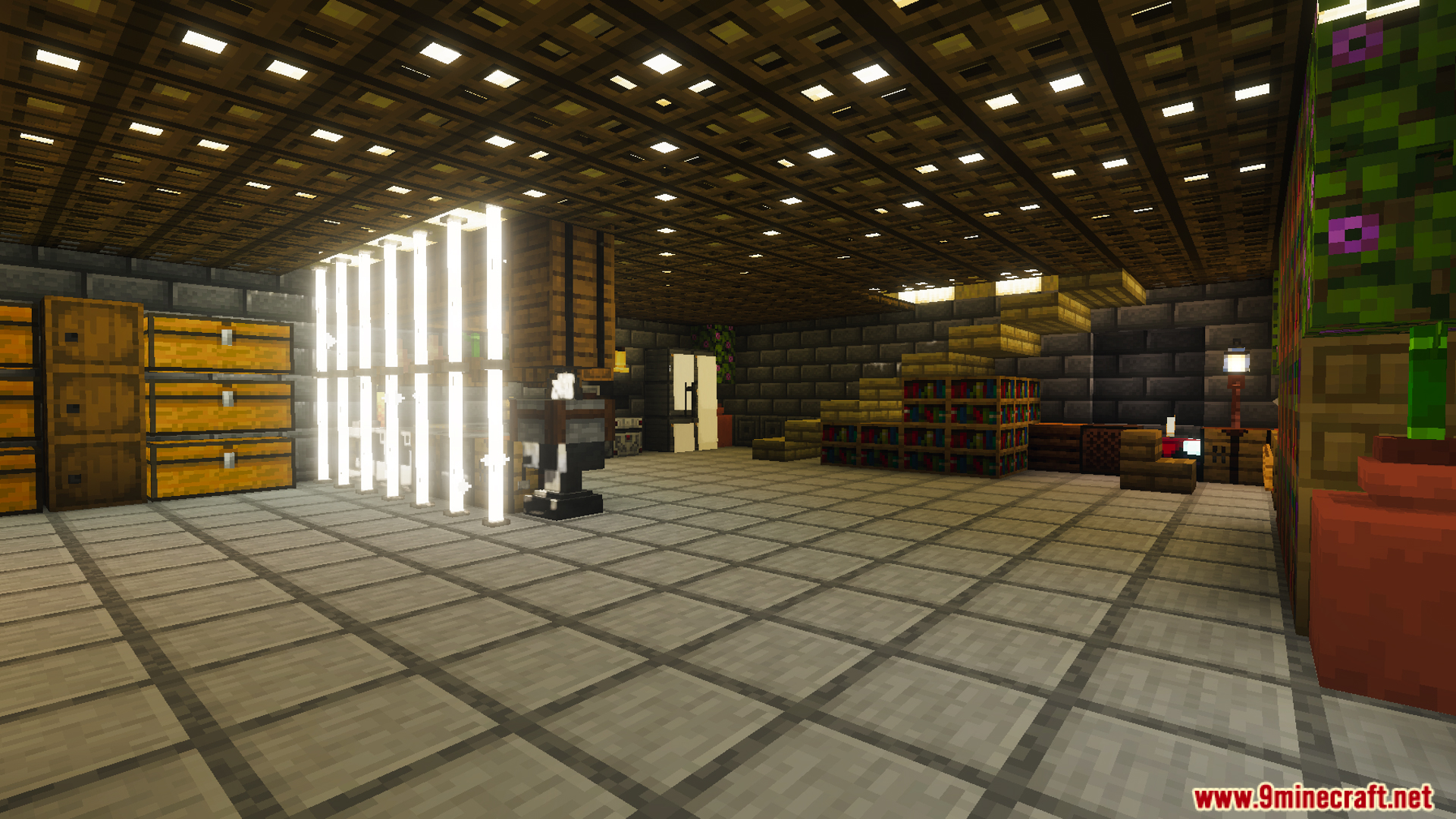 Large interior room with storage chests bookshelves stairs and bright lighting setup
