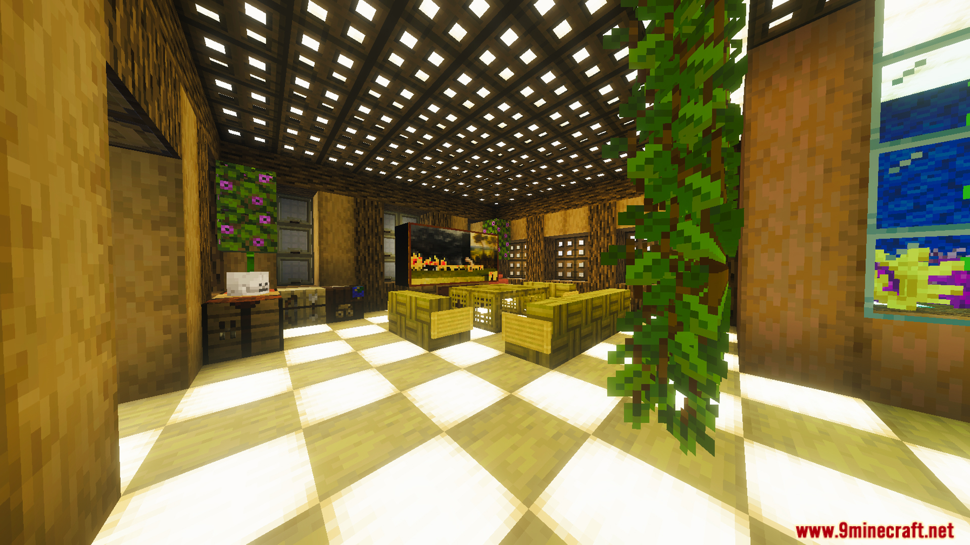 Interior view of a decorated room with bamboo furniture and an aquarium