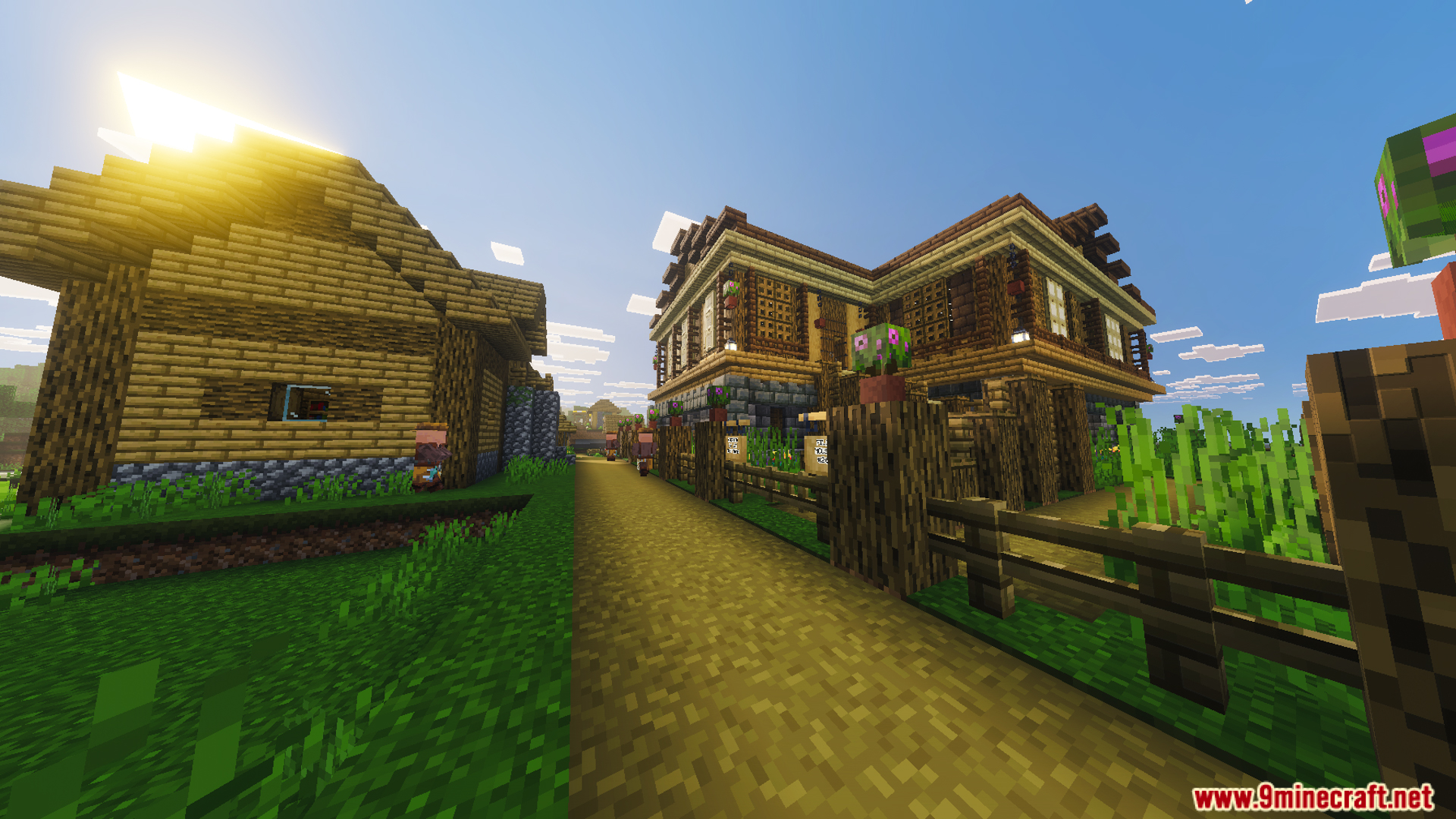 Large two story wooden house next to a village path in plains biome
