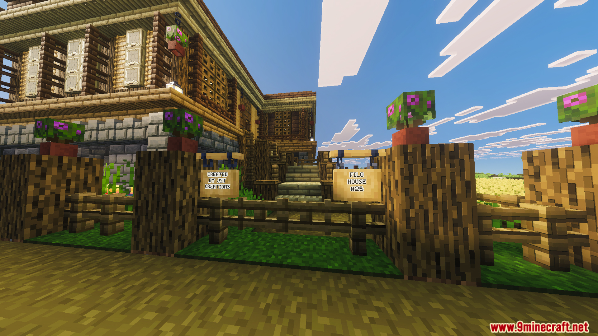 Entrance to the Survival Filo House map with wooden fences and flower pots
