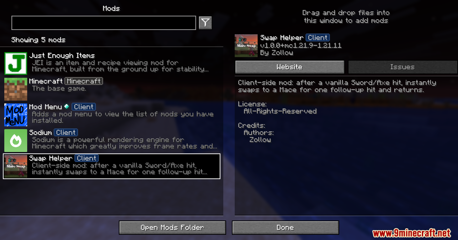Mod menu screen showing the Swap Helper mod selected with its description