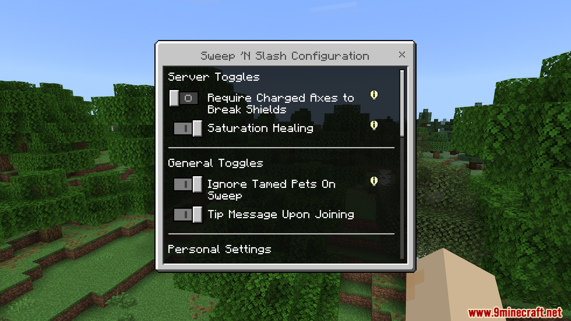 The configuration menu has server and general toggle settings