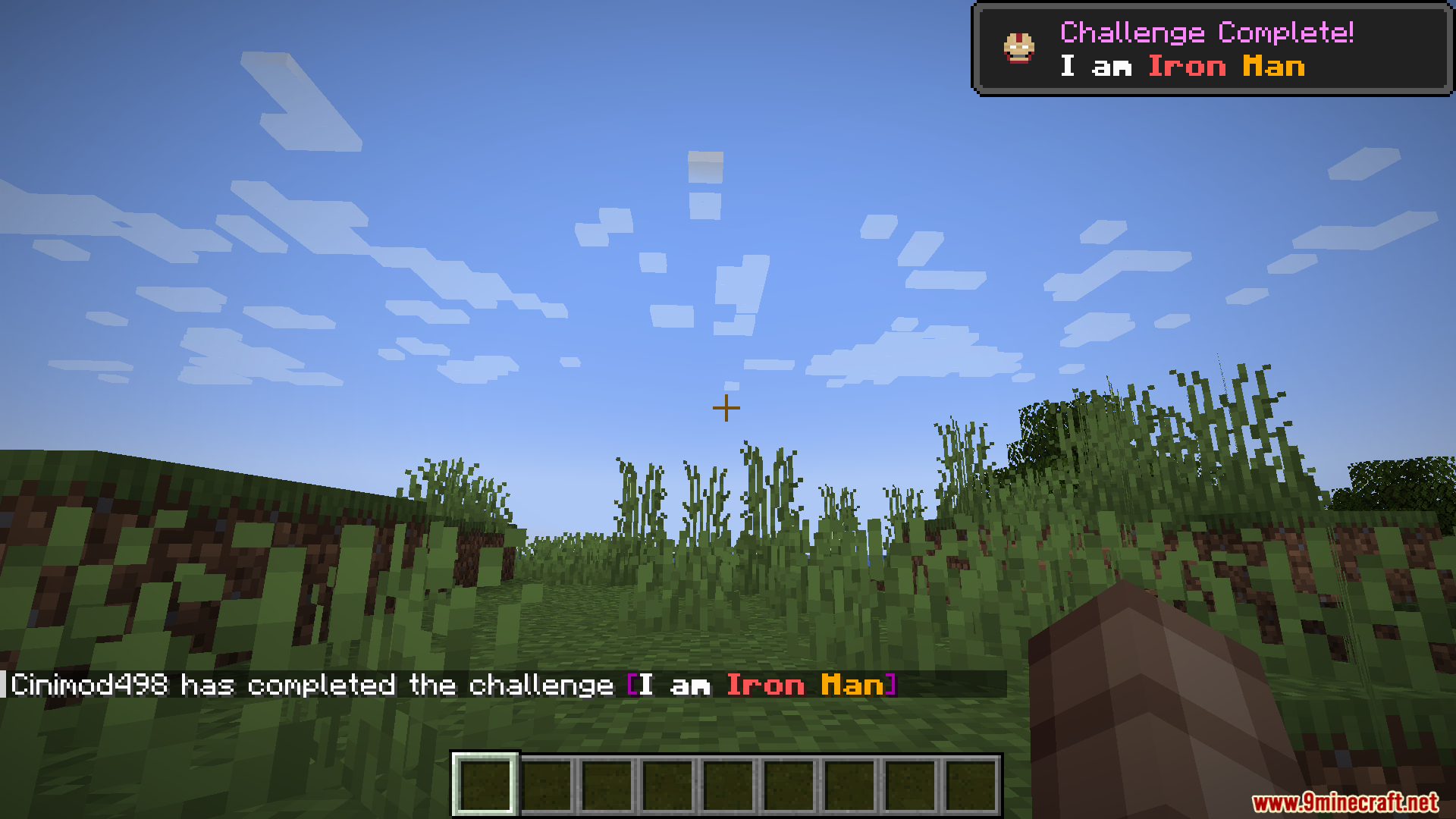 Player completing the I am Iron Man challenge in a grassy world