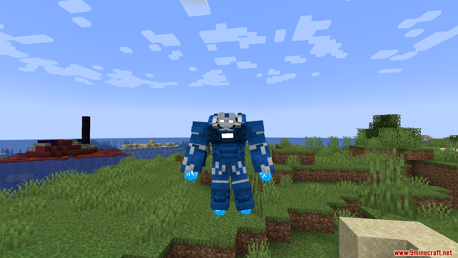 Player flying in a bulky blue superhero armor suit using glowing repulsor effects